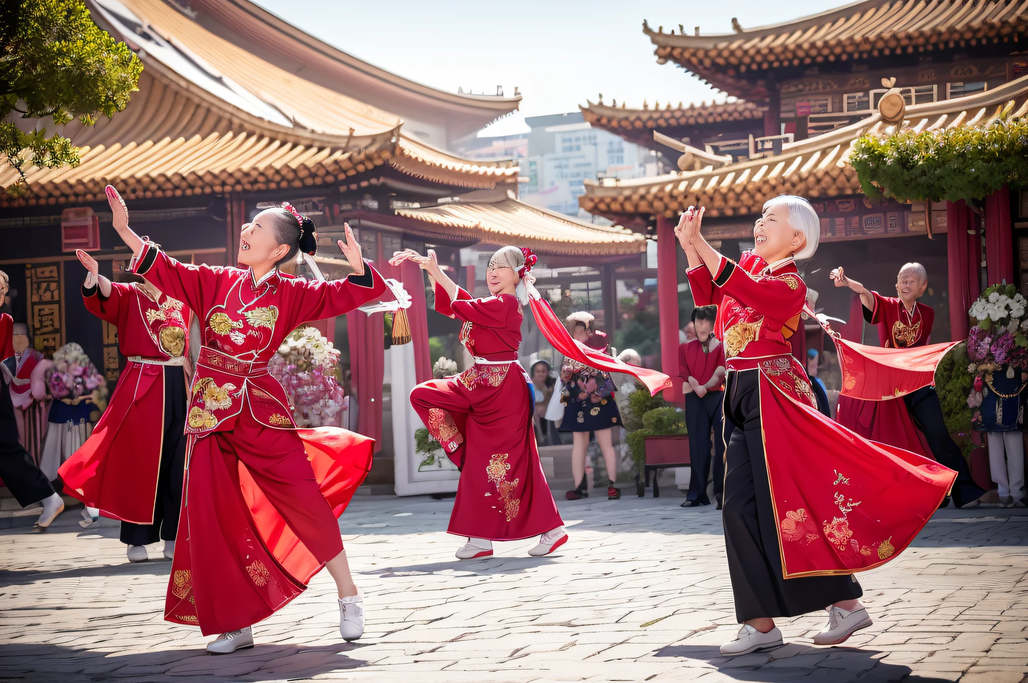 In the park, a group of elderly Chinese dances in the square, seductive smiles, smiles, realism, cinematic lights, panorama, wide angle lens, f/2.8, 8k, UHD