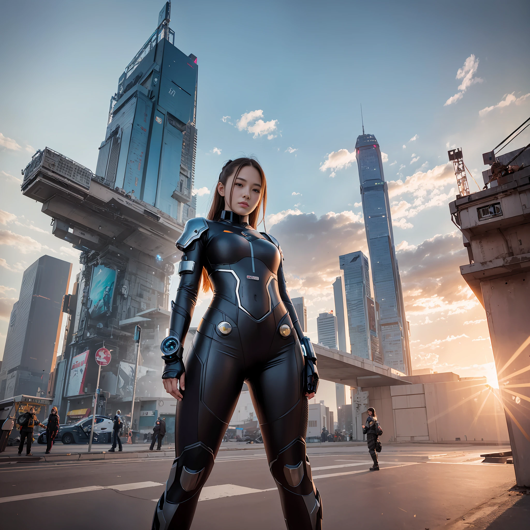 Best quality, masterpiece, Ultra HD, Super Detail, 8K, Movie, CG style,Girl in Long sleeve and Long pants Pilot suit Standing Next to Giant Robot, Guweiz-style artwork, CyberPunk Girl Mecha, Trends on CGSTATION, Guweiz, Russell Dongjun Lu, Digital Cyberpunk Art, Guweiz on ArtStation Pixiv, Girl in Mecha Network Armor