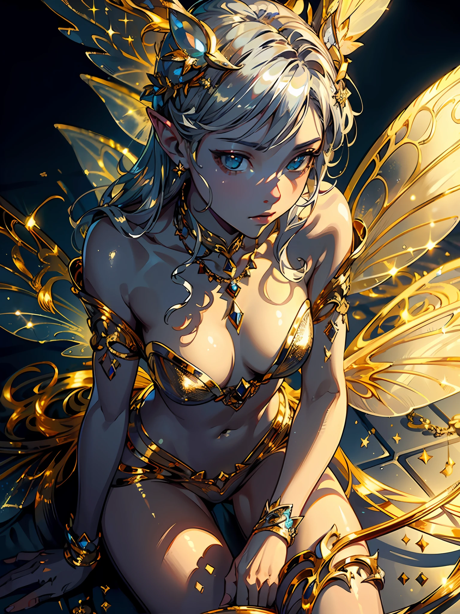 masterpiece, highly detailed, high quality, (((gold, silver, glimmer)), faerie), limited palette, contrast, phenomenal aesthetic, best quality, sumptuous artwork, sharp focus, illustration, soft lighting, rim light, hyperrealistic,