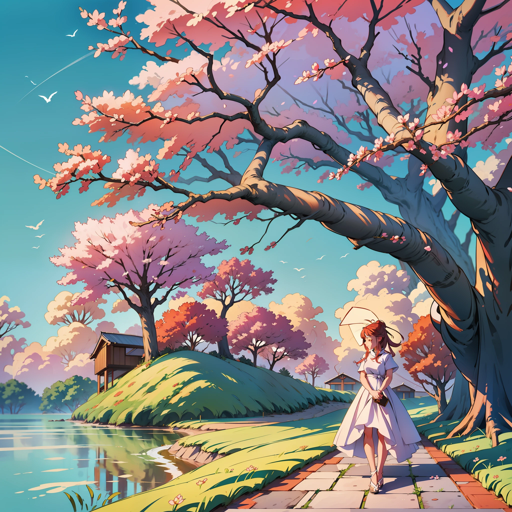 The image captures a scenario of serenity and charm, where a sakura tree is in full bloom. The woman, dressed elegantly in a flowing white dress, is standing under the tree, immersed in an aura of peace and contemplation.