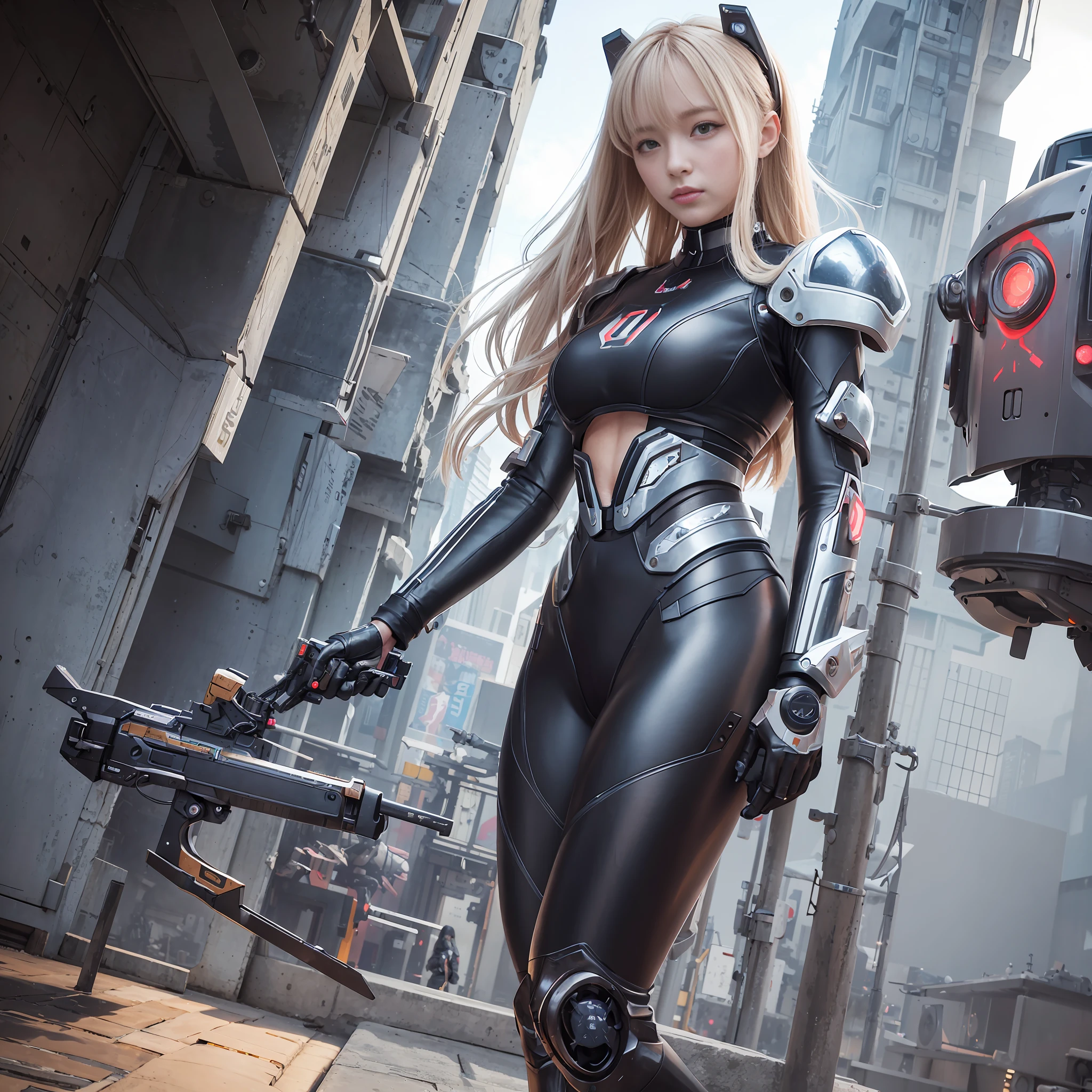 Best quality, masterpiece, Ultra HD, Super Detail, 8K, Movie, CG style,Girl in Long sleeve and Long pants Pilot suit Standing Next to Giant Robot, Guweiz-style artwork, CyberPunk Girl Mecha, Trends on CGSTATION, Guweiz, Russell Dongjun Lu, Digital Cyberpunk Art, Guweiz on ArtStation Pixiv, Girl in Mecha Network Armor
