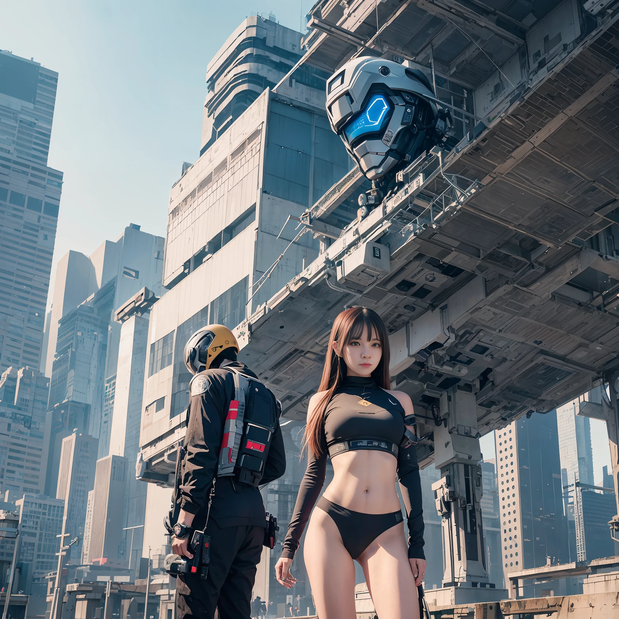 Best quality, masterpiece, Ultra HD, Super Detail, 8K, Movie, CG style,Girl in Long sleeve and Long pants Pilot suit Standing Next to Giant Robot, Guweiz-style artwork, CyberPunk Girl Mecha, Trends on CGSTATION, Guweiz, Russell Dongjun Lu, Digital Cyberpunk Art,  Guweiz on ArtStation Pixiv, Girl in Mecha Network Armor