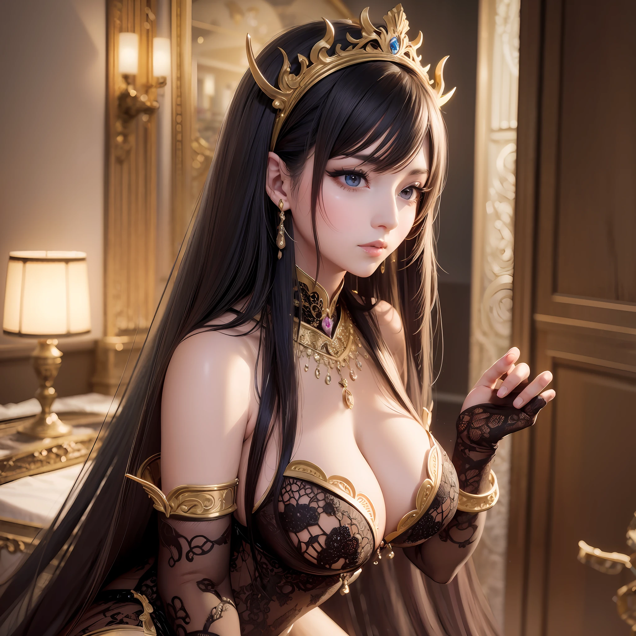 Princess, oriental, sexy, big boobs, long straight hair, black eyes, beautiful, sexy pose, 8k, cinematic, intricate details, super detailed, ultra realistic, high resolution, best lighting