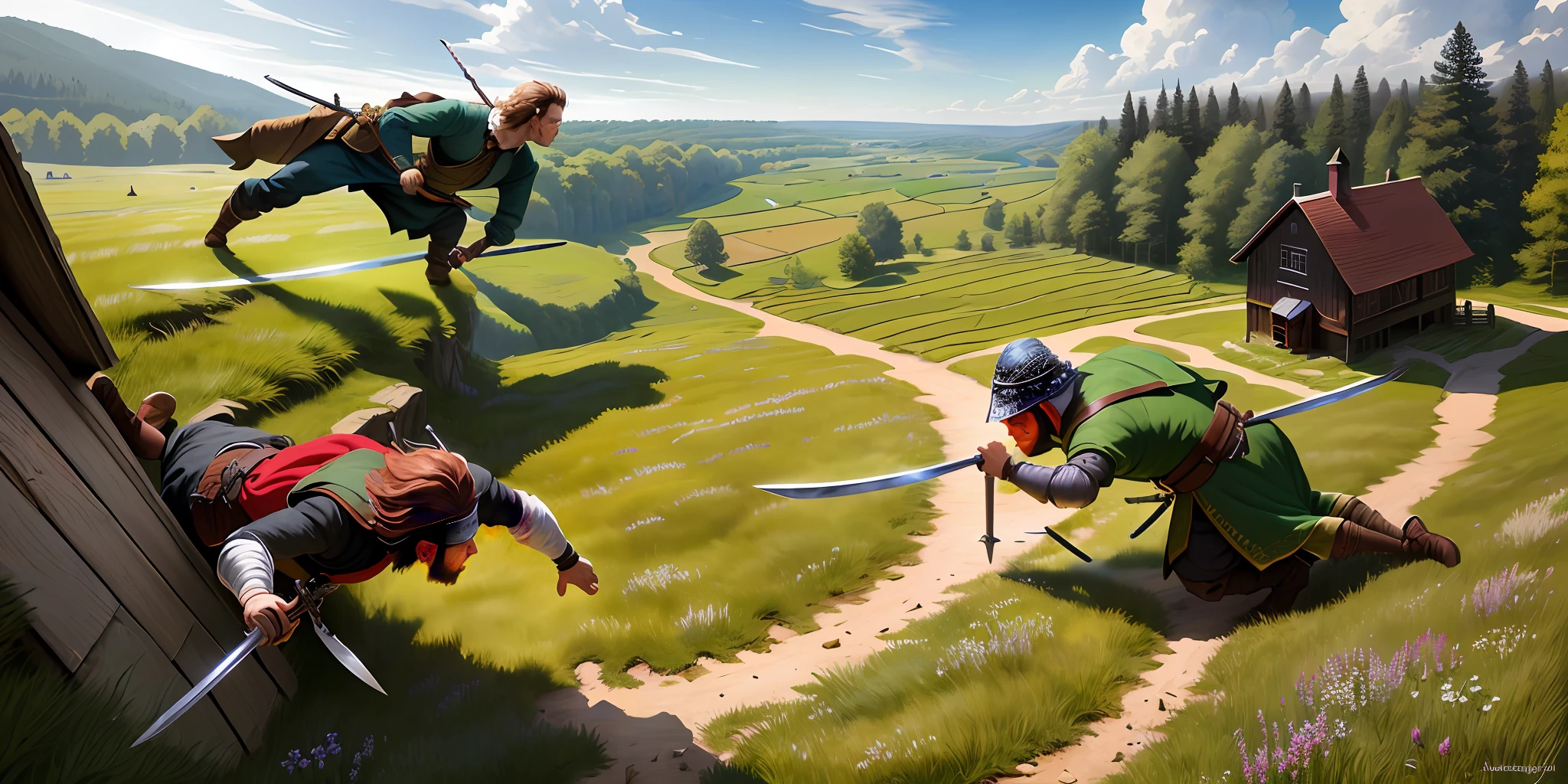 masterpiece, very detailed, ultra realistic, detailed background, bright lighting, daylighting,
(wide meadow surrounded by forest), (wide angle), (medieval-style swordsman fighting bandits), (large wooden schoolhouse),