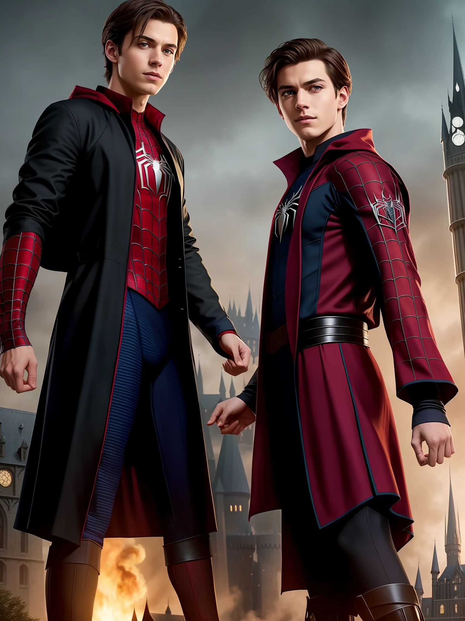 If spider man studied at Hogwarts, witchcraft based uniform, medieval and modern style, realistic, movie scene, gloomy environment