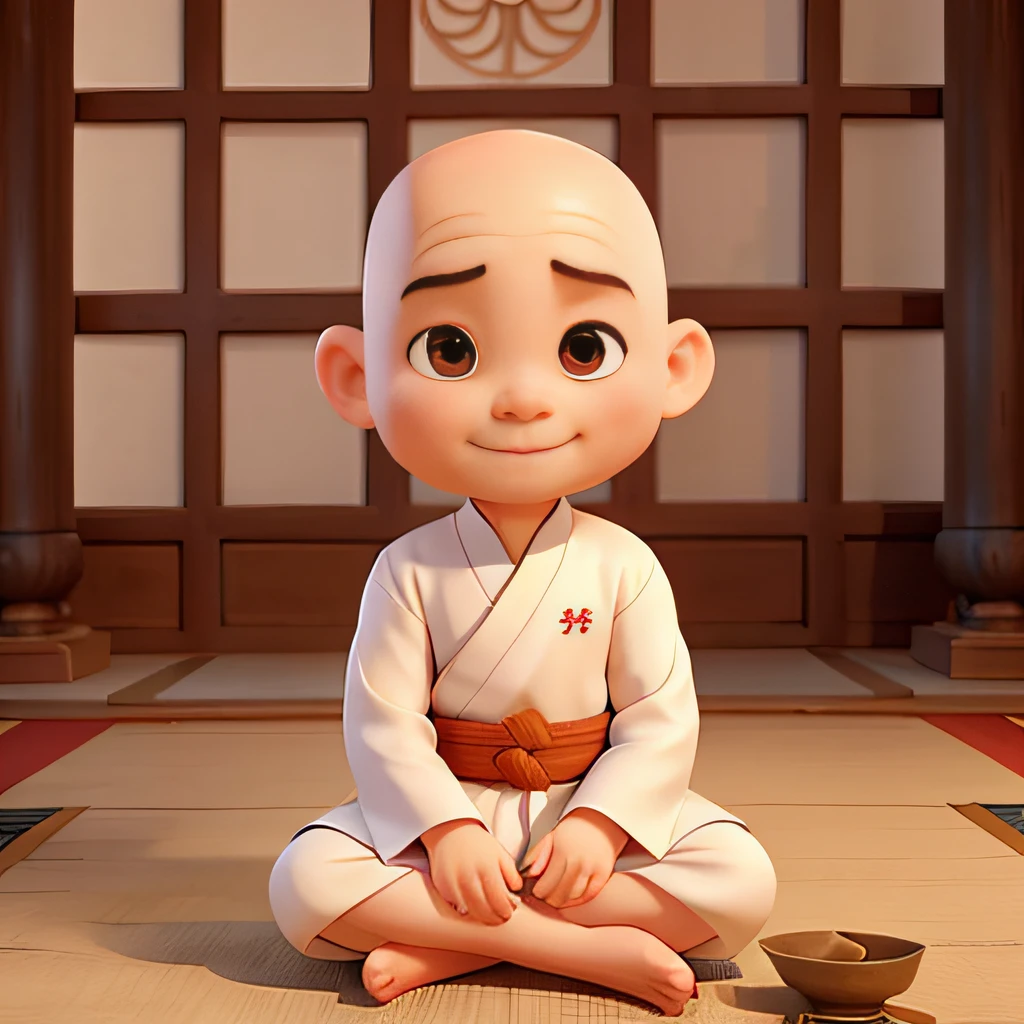 A small Chinese monk in a white robe, bald head, sitting in the middle of the temple, facing the camera, meditating, smiling
