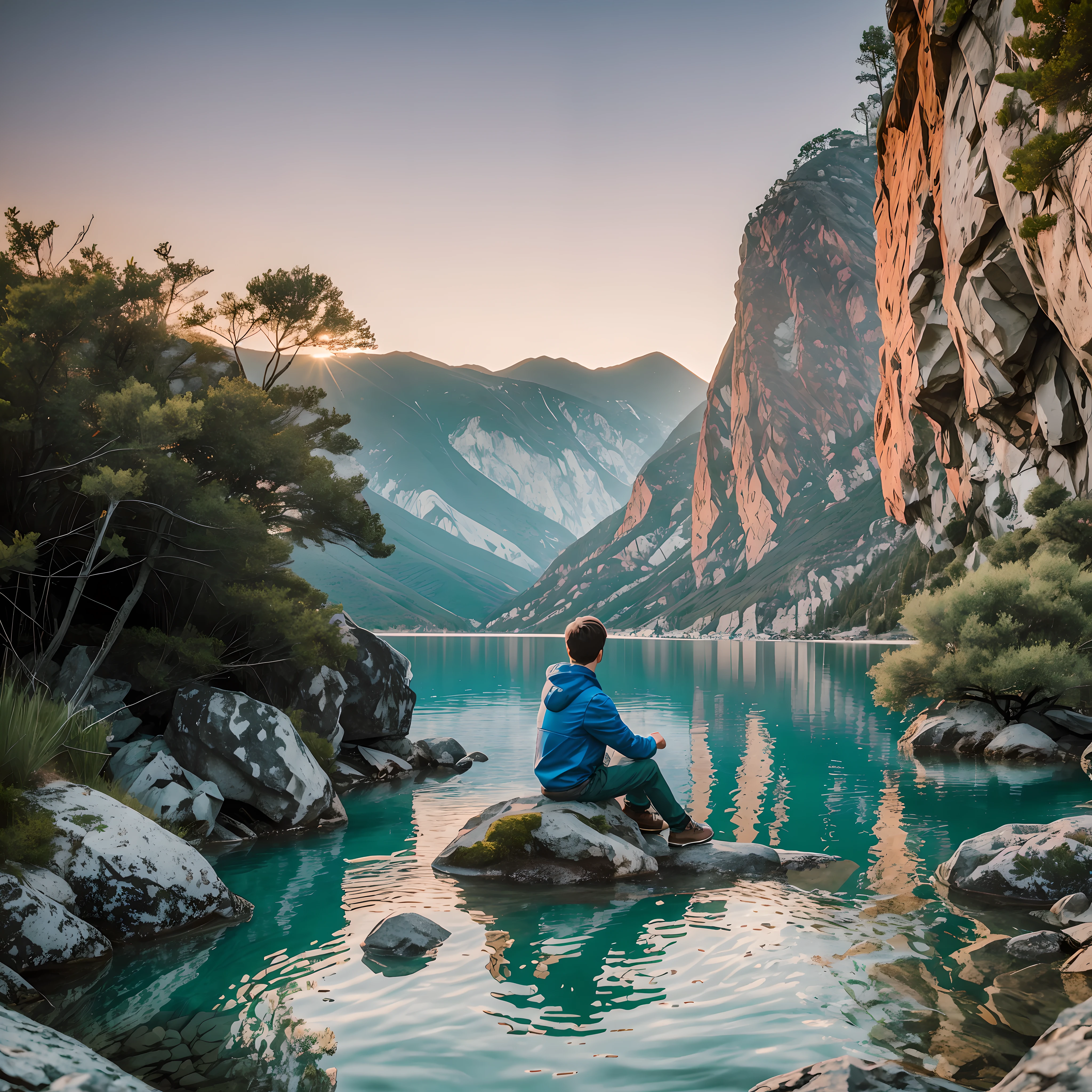 /Imagine: Boy sitting on a rock looking at the horizon in a lake, 8K, UHD, severe low lighting, high quality, sharp focus, Fujifilm XT3 --auto --s2