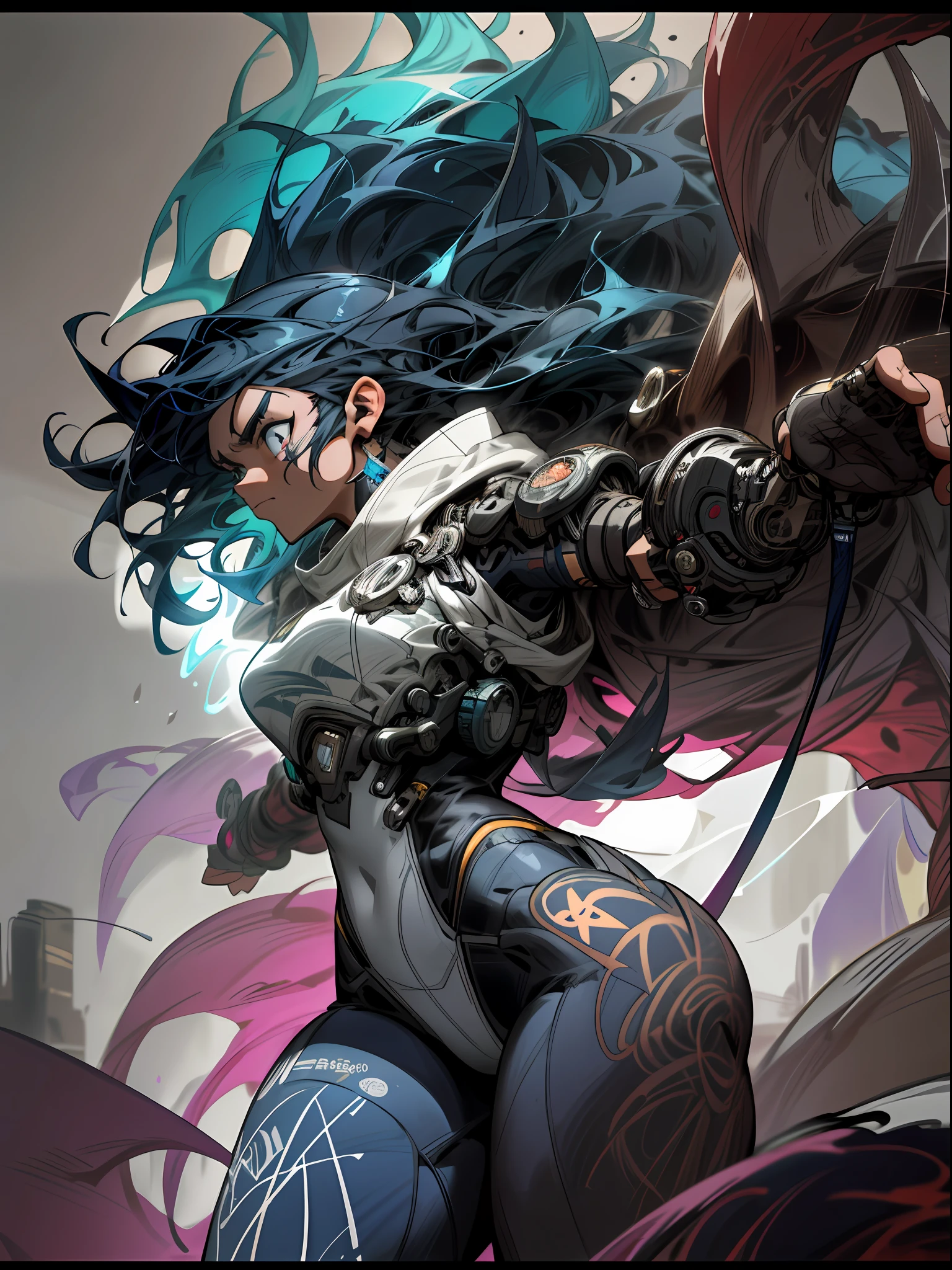 background, mixed-language_text, Japanese graffiti letters, a warrior nulher with long black hair cascading down her back. His eyes are a deep shade of amber, which shine with intensity when he is in battle. She possesses an athletic and slender appearance, with a confident and determined posture. Her skin has a light tan tone, evidencing her strength and endurance, woman fighting with alien creature full of mechanical tentacles, with immersive effects, hover effect, graphite style background with vibrant colors "hdr ultra" detailed and with focus effect, sticker art, freedom, soul, digital illustration, comic style, centered, approaching perfection, dynamic, highly detailed, watercolor painting, artstation, concept art, smooth, sharp focus, illustration, art by carne griffiths and ,alone anime, centered, approaching perfection, drawing style illustrator, anime style, body with futuristic tribal tattoo style designs in dragon shape, serious face and ultra detailed artwork, graffiti style destroyed city scenery with camera focus,