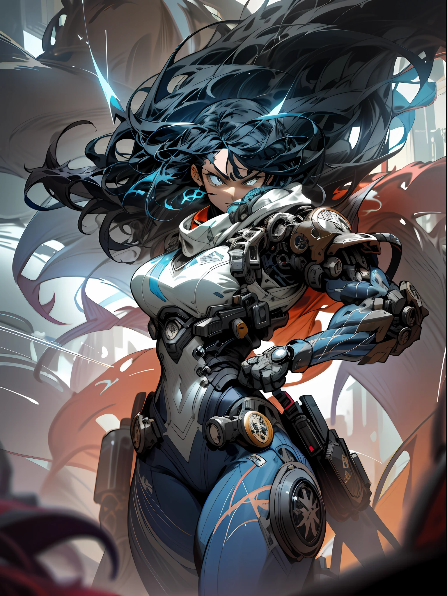 background, mixed-language_text, Japanese graffiti letters, a warrior nulher with long black hair cascading down her back. His eyes are a deep shade of amber, which shine with intensity when he is in battle. She possesses an athletic and slender appearance, with a confident and determined posture. Her skin has a light tan tone, evidencing her strength and endurance, woman fighting with alien creature full of mechanical tentacles, with immersive effects, hover effect, graphite style background with vibrant colors "hdr ultra" detailed and with focus effect, sticker art, freedom, soul, digital illustration, comic style, centered, approaching perfection, dynamic, highly detailed, watercolor painting, artstation, concept art, smooth, sharp focus, illustration, art by carne griffiths and ,alone anime, centered, approaching perfection, drawing style illustrator, anime style, body with futuristic tribal tattoo style designs in dragon shape, serious face and ultra detailed artwork, graffiti style destroyed city scenery with camera focus,