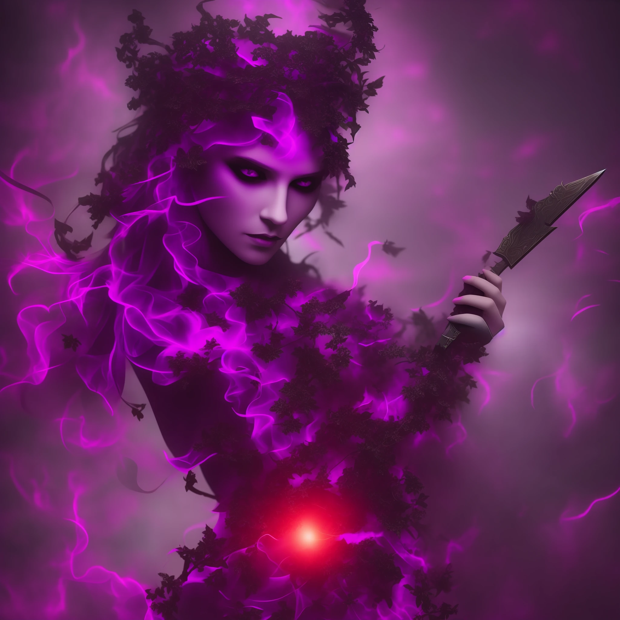 Underworld, dark, demon, red eyes, glowing knife in hand, purple vine, --auto --s2