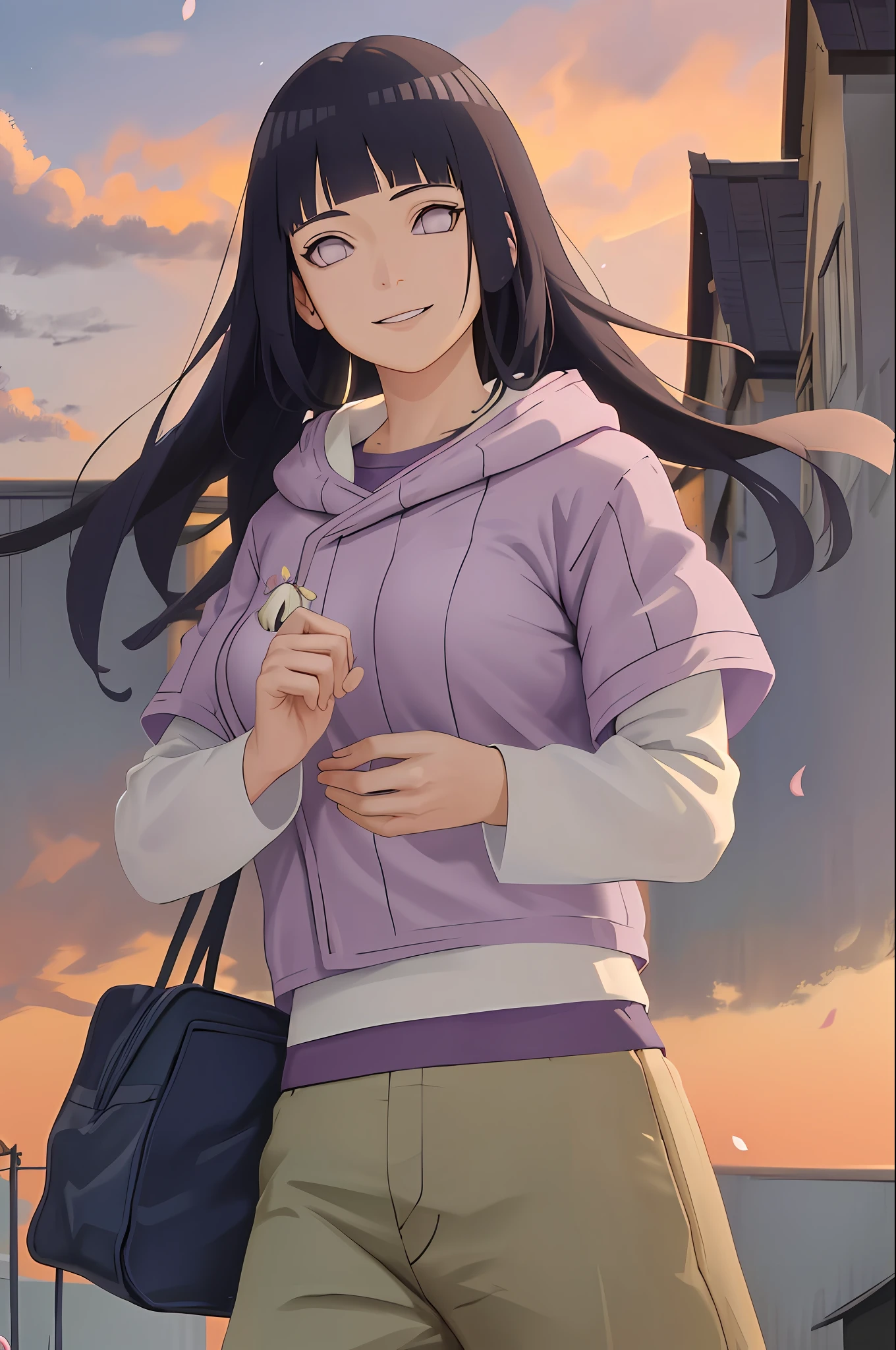 masterpiece, absurdres , (intricate details), (colorful),cinematic lighting,extremely detailed CG unity 8k wallpaper ,hinata\(boruto\), 1girl, solo, purple hoodie ,brown pants,  from behind,layered sleeves, cowboy shot,  looking at viewer,smile, outdoors, lavender flower field,flower, day, cloudy sky, wind, falling petals, ((long hair)),  big breast, detailed lips