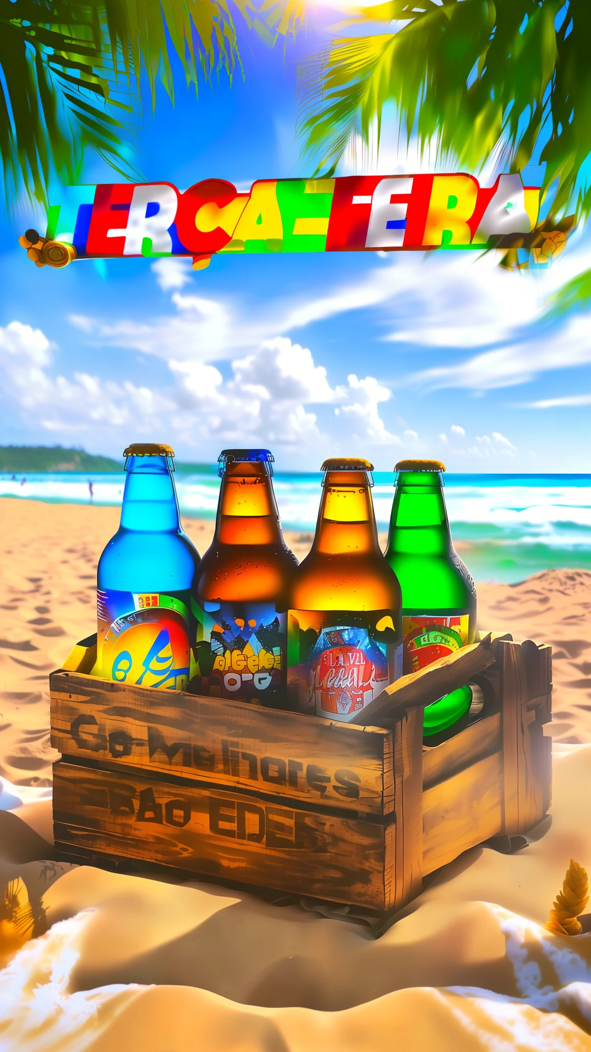 there are four bottles of beer in a wooden crate on the beach, description, 6 pack, beer advertisement, gradins, 240p, lê long, gadigal, beer, summertime, megascan, by Emerson Silva, drinks, reggae, beach party, capoeira, edu souza, six packs, megascans, ad image