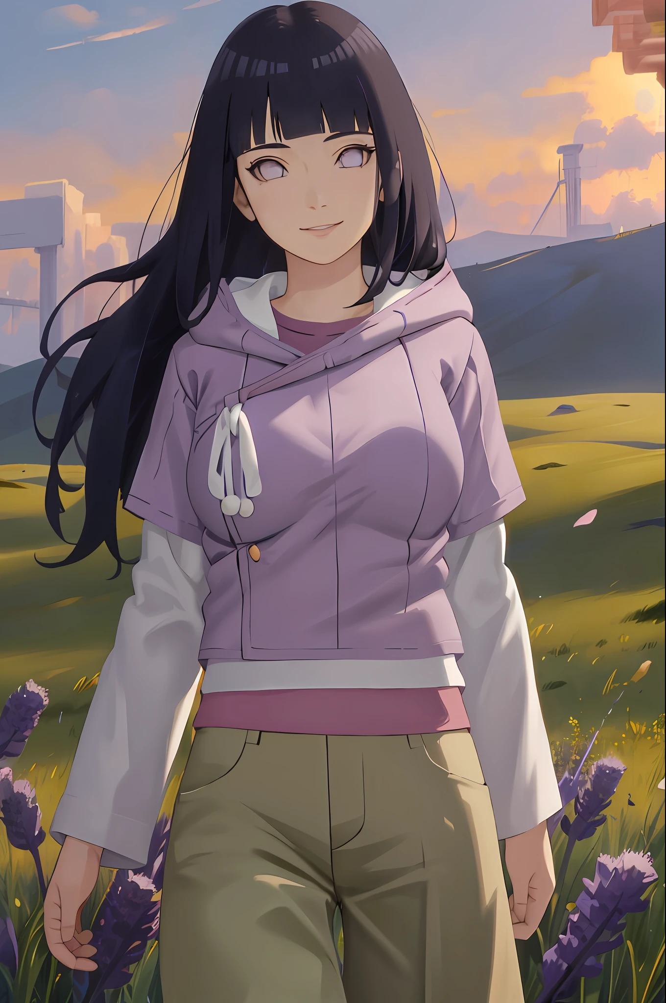 masterpiece, absurdres , (intricate details), (colorful),cinematic lighting,extremely detailed CG unity 8k wallpaper ,hinata\(boruto\), 1girl, solo, purple hoodie ,brown pants,  from behind,layered sleeves, cowboy shot,  looking at viewer,smile, outdoors, lavender flower field,flower, day, cloudy sky, wind, falling petals, ((long hair)),  big breast, detailed lips