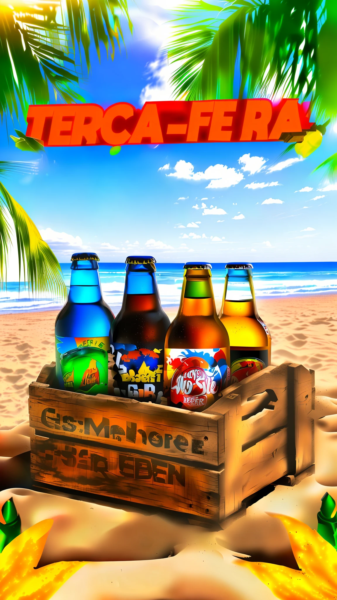 there are four bottles of beer in a wooden crate on the beach, description, 6 pack, beer advertisement, gradins, 240p, lê long, gadigal, beer, summertime, megascan, by Emerson Silva, drinks, reggae, beach party, capoeira, edu souza, six packs, megascans, ad image