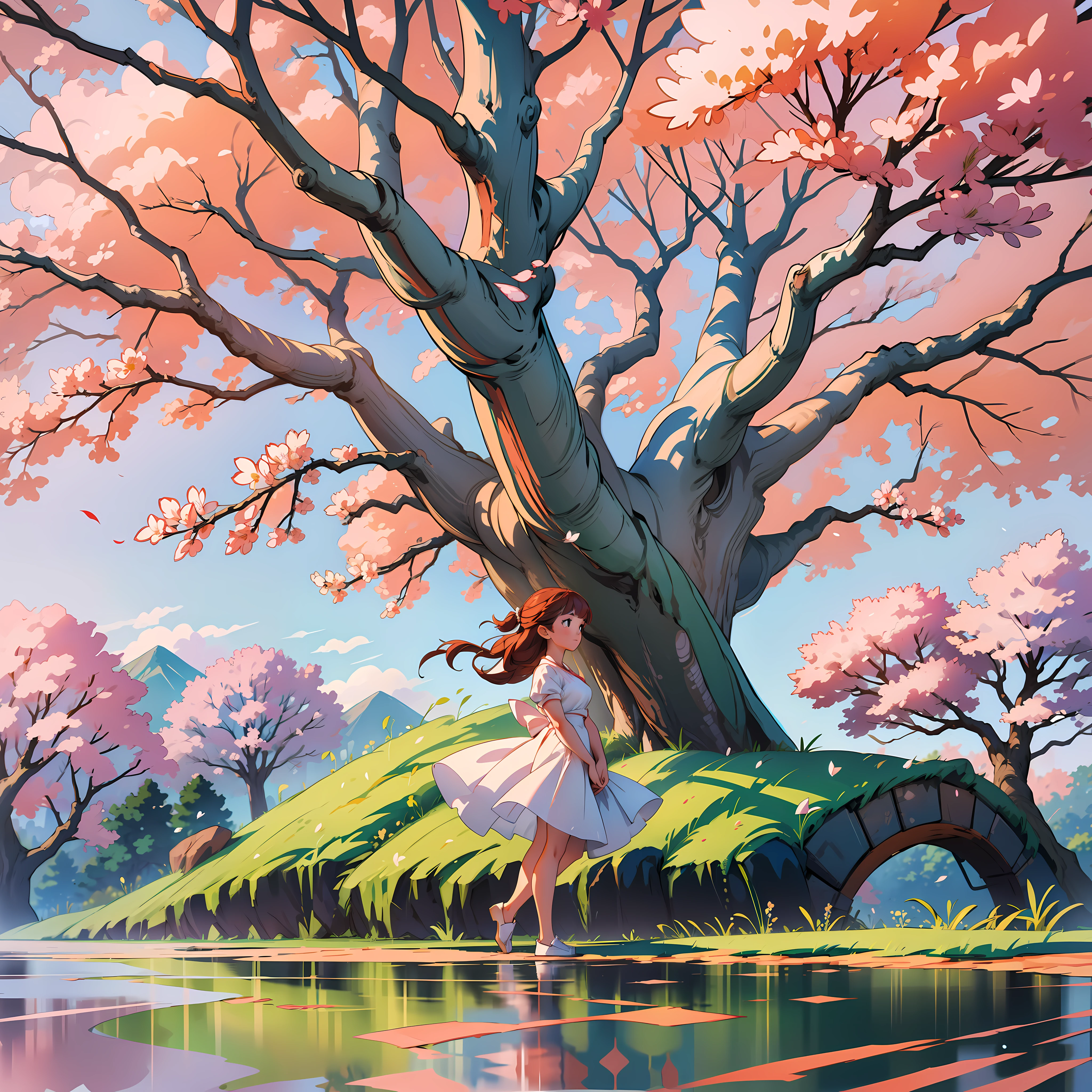 The image captures a scenario of serenity and charm, where a sakura tree is in full bloom. The woman, dressed elegantly in a flowing white dress, is standing under the tree, immersed in an aura of peace and contemplation.