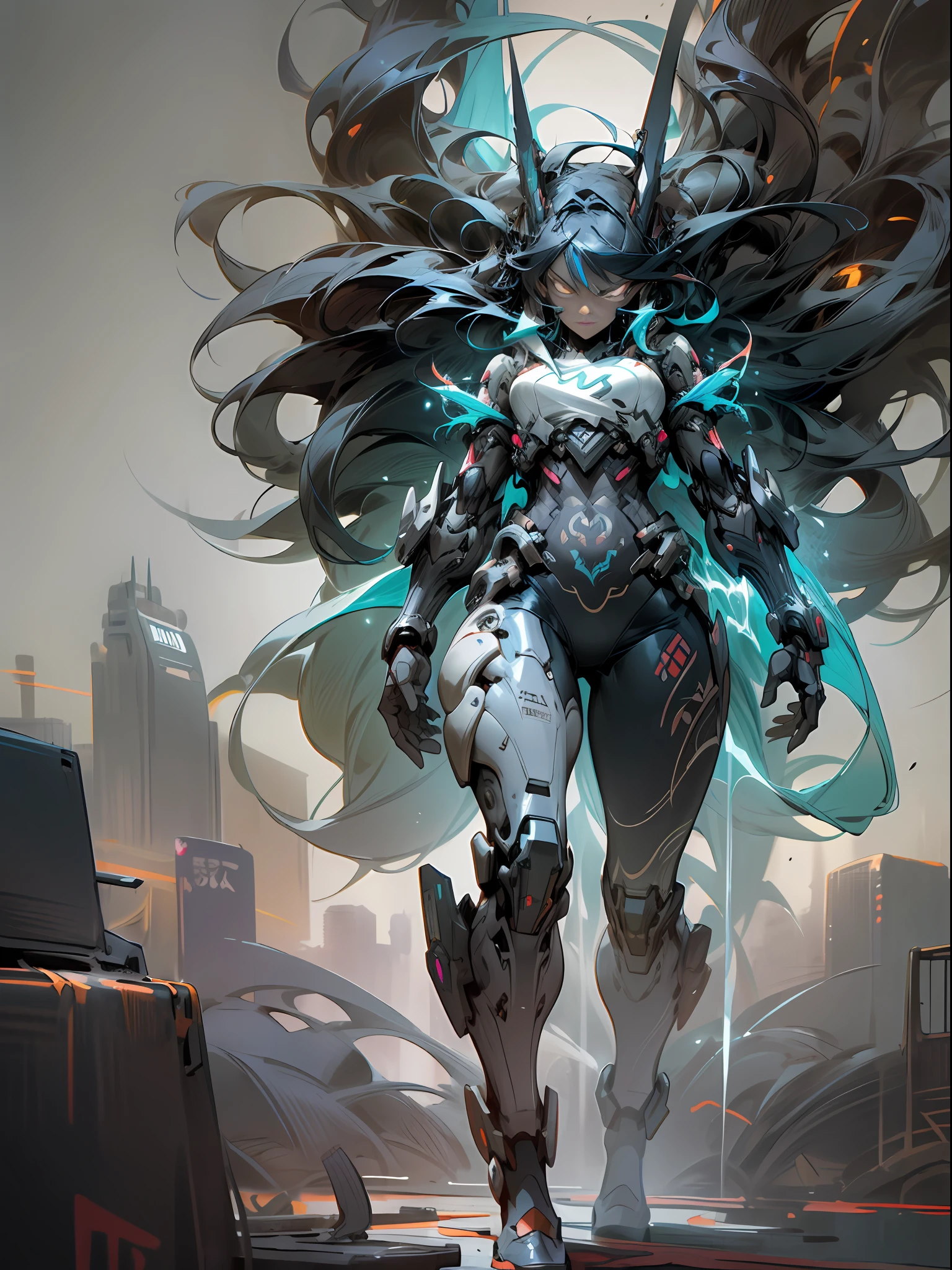 background, mixed-language_text, Japanese graffiti letters, a warrior nulher with long black hair cascading down her back. His eyes are a deep shade of amber, which shine with intensity when he is in battle. She possesses an athletic and slender appearance, with a confident and determined posture. Her skin has a light tan tone, evidencing her strength and endurance, woman fighting with alien creature full of mechanical tentacles, with immersive effects, hover effect, graphite style background wit? vibrant colors "hdr ultra" detailed and with focus effect, sticker art, freedom, soul, digital illustration, comic style, centered, approaching perfection, dynamic, highly detailed, watercolor painting, artstation, concept art, smooth, sharp focus, illustration, art by carne griffiths and ,alone anime, centered, approaching perfection, drawing style illustrator, anime style, body with futuristic tribal tattoo style designs in dragon shape, serious face and ultra detailed artwork, graffiti style destroyed city scenery with camera focus,