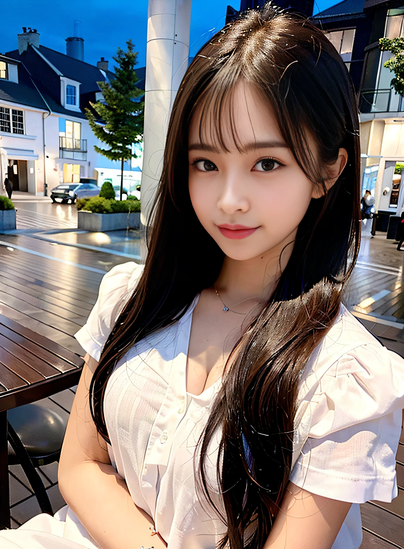 (8k, best quality, masterpiece:1.2), (realistic, photo-realistic:1.37), ultra-detailed, 1 girl,cute, solo,beautiful detailed sky,detailed cafe,night,sitting,dating,(nose blush),(smile:1.15),(closed mouth) small breasts,beautiful detailed eyes,(collared shirt:1.1), night, wet,business attire, rain,white lace, (short hair:1.2),floating hair NovaFrogStyle,