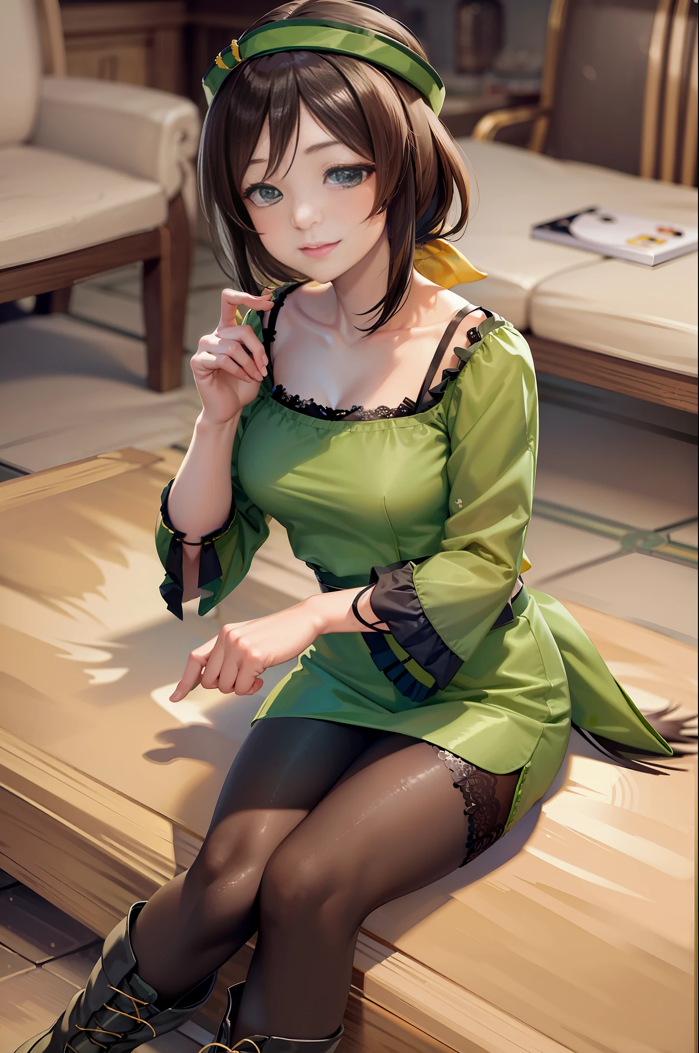 (masterpiece, best quality:1.2), solo, 1girl, hayakawa tazuna, smile, closed mouth, looking at viewer, sitting, low ponytail, green headwear, gothic lolita,(kimono:1.2),(camisole:1.2),lace-up boots, platform boots, pantyhose