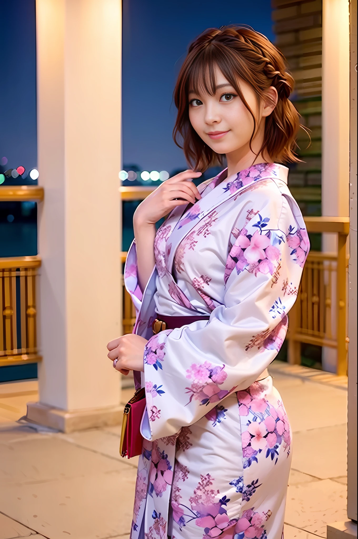 Woman taking photo with hands behind her back (kimono_clothes, colorful dress: 1.3), beautiful jpd_woman, perfect jpd_face, perfect jpd_body,
Good hands, 4K, high resolution, masterpiece, top quality, head: 1.3, (Hasselblad photo)), fine skin, sharp focus, (film lighting), collarbone, (night), summer festival, yukata, soft lighting, dynamic angle, :( more face: 1.2): 0.2], outside, brown hair, (short cut), floating hair, ((braided hair)), leave the original clothes