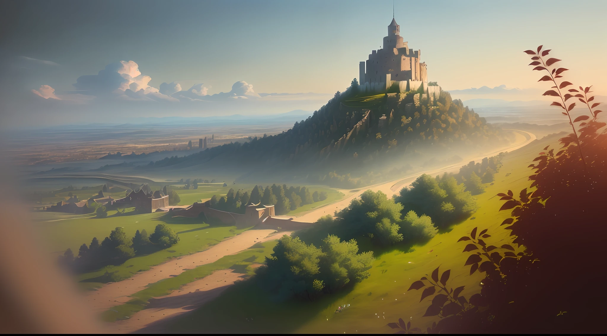 (8k unit wallpaper CG extremely detailed, masterpiece, best quality, ultra-detailed), (((solo))), ((wide shot:1.5)), (((low angle shot:1.5))), (a warrior following the trail towards a medieval city that is far away), city seen from afar, medieval tower, ((full body)), (cover in the wind), (high details), magnificent scene, detailed environment, (leaves floating in the wind), illustrator, (best illustration)