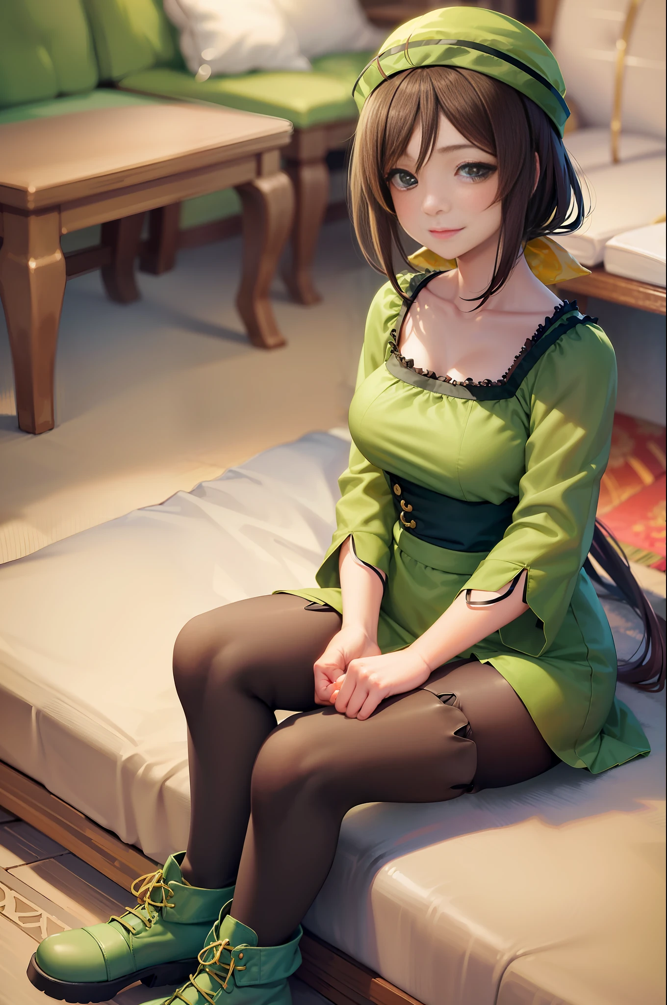 (masterpiece, best quality:1.2), solo, 1girl, hayakawa tazuna, smile, closed mouth, looking at viewer, sitting, low ponytail, green headwear, gothic ta,(kimono:1.2),(camisole:1.2),lace-up boots, platform boots, pantyhose