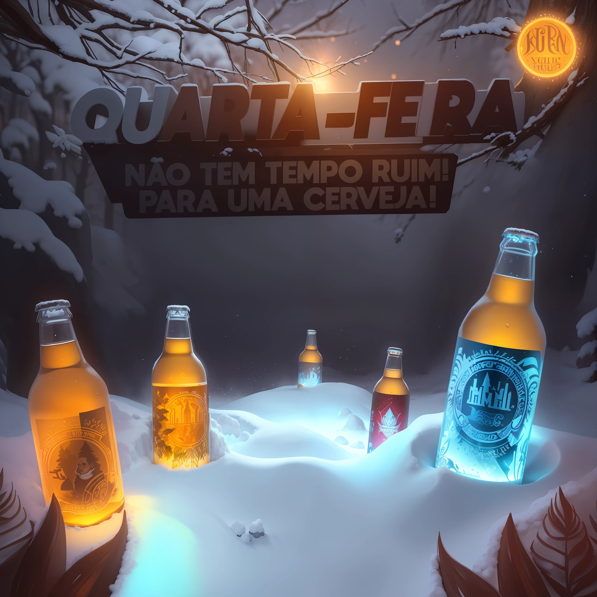 there are many bottles of beer on the snow with a tree in the background, beer advertisement, ad image, asuras, by Félix Arauz, quartz, beer, description, 8 h, bitter, wow, by Tuvia Beeri, winter, by Caesar Andrade Faini, fra, fake, scuta