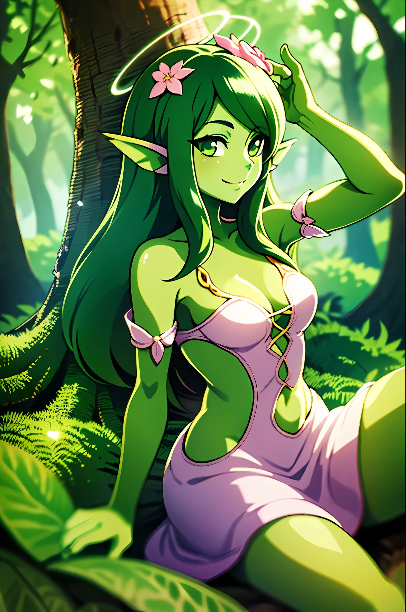 Anime dryad girl, green skin, green hair, dark green patterns on clothes, sitting on a growing dry tree, flowers on her body, green halo in her hair, pointed ears, green eyes, smiling, cute, joyful look, forest in the background, beautiful colors, saturated colors, beautiful shader, light 3d, 4k effect