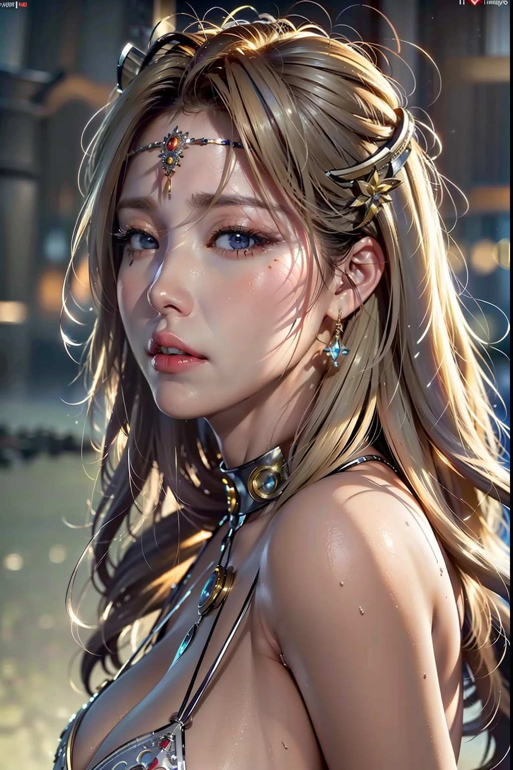 ((Best Quality, 8k, Sharp Focus, 35mm Lens, Masterpiece: 1.2, Cinematic Light, Ultimate Girl, Highly Detailed Facial Textures, Highly Detailed Facial Textures, detailed beauty makeup: 1.2, ultra-detailed skin, detailed bangs)), The background of night the mountain where the devil lives, (iron bikini armor), (circlet helmet), 27 years old, detailed divine pale blonde hair, long wavy messy hair, wind, light fog, devil's castle, beautiful detailed deep blue eyes, sense of determination facial expression, final battle, from side