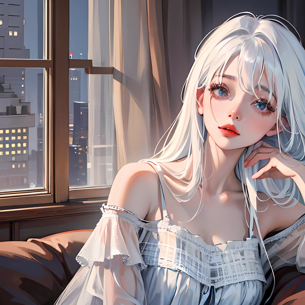 A girl, refreshing nightdress, shy face, no makeup, sitting on sofa, white hair, clear eyes, plain room, evening, lighting, 4K, high quality, realistic, contrast