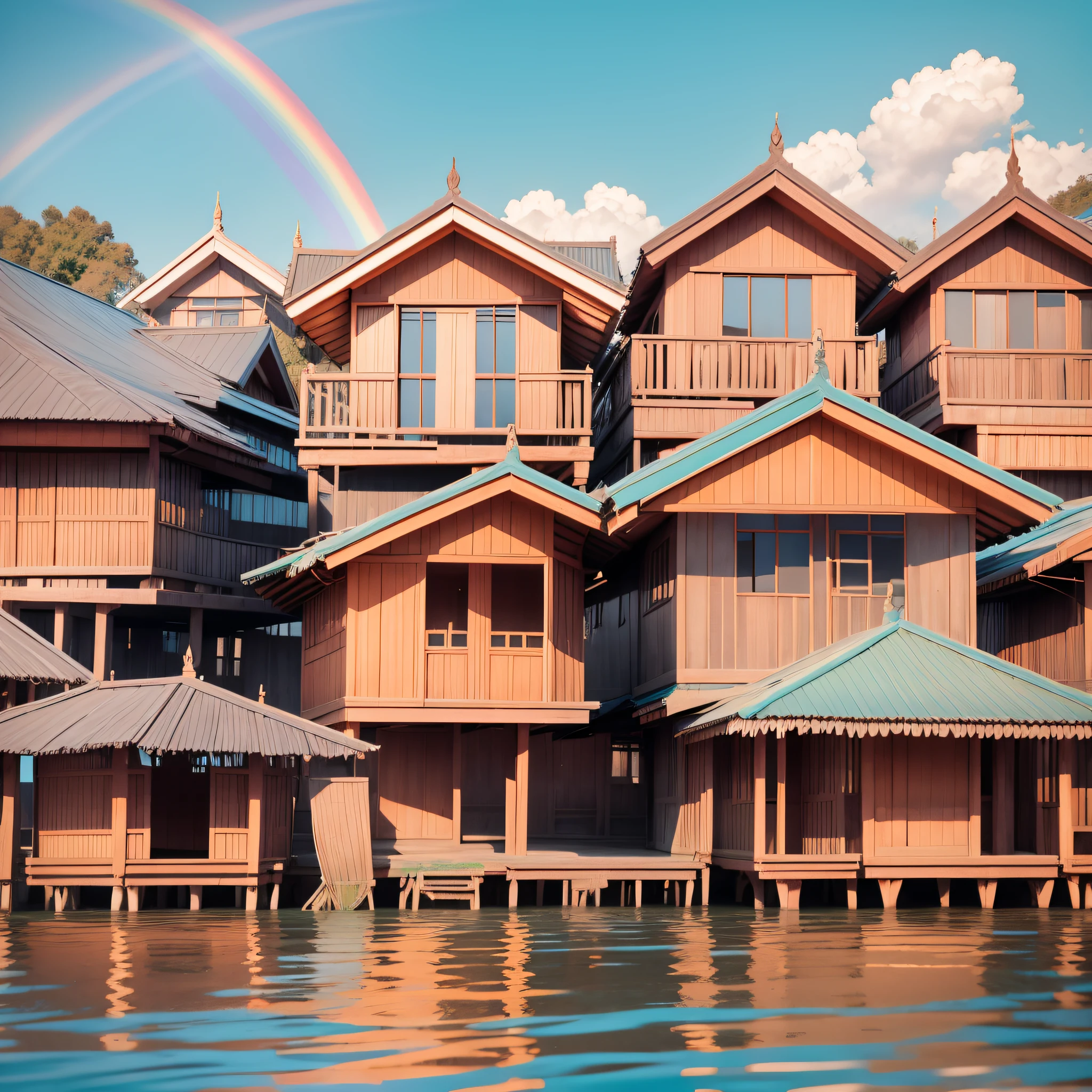 Wooden Stilt Modern Houses With Rainbow Color At Inle Lake, Myanmar --auto --s2