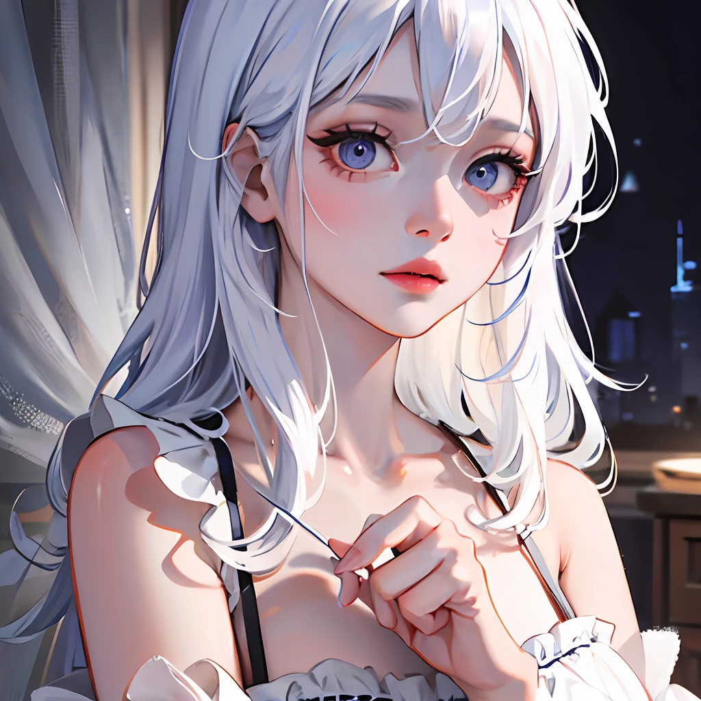 A girl, refreshing nightdress, shy face, no makeup, white hair, clear eyes, plain room, evening, lighting, 4K, high quality, realistic, contrast