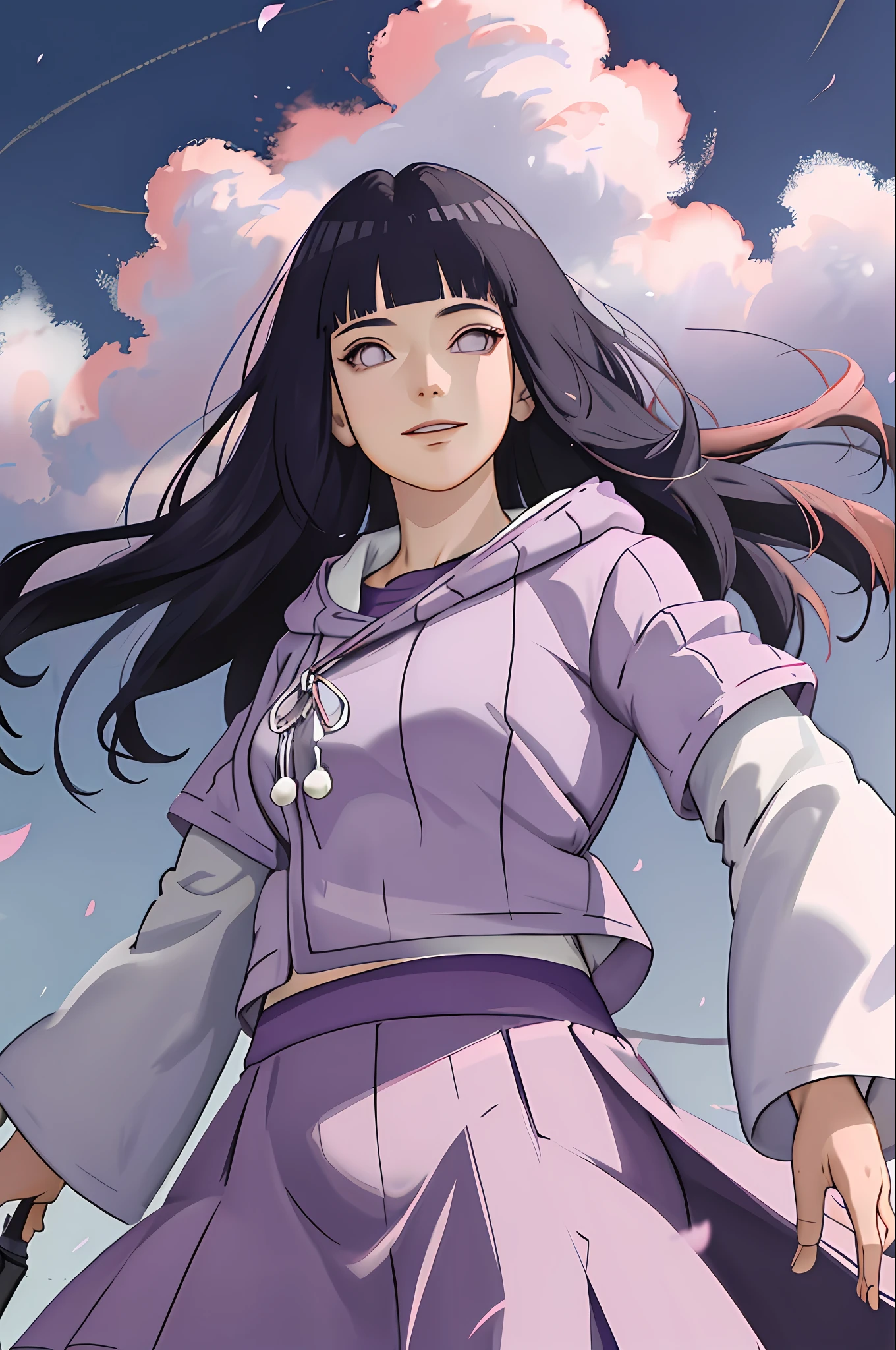 masterpiece, absurdres , (intricate details), (colorful),cinematic lighting,extremely detailed CG unity 8k wallpaper ,hinata\(boruto\), 1girl, solo, purple hoodie ,white skirt,  from behind,layered sleeves, cowboy shot,  looking at viewer,smile, outdoors, lavender flower field,flower, day, cloudy sky, wind, falling petals, ((long hair)),  big breast, detailed lips, knee crop