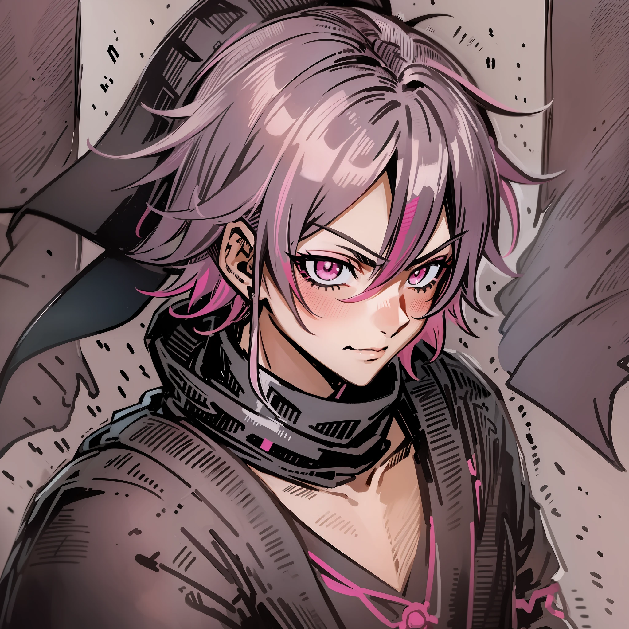 Boy anime hair pink outfit black portrait bust, cute face in art demon slayer, black bandana, gray eyes, best anime, badass anime, male, high quality anime art, anime boy, male, young man anime.