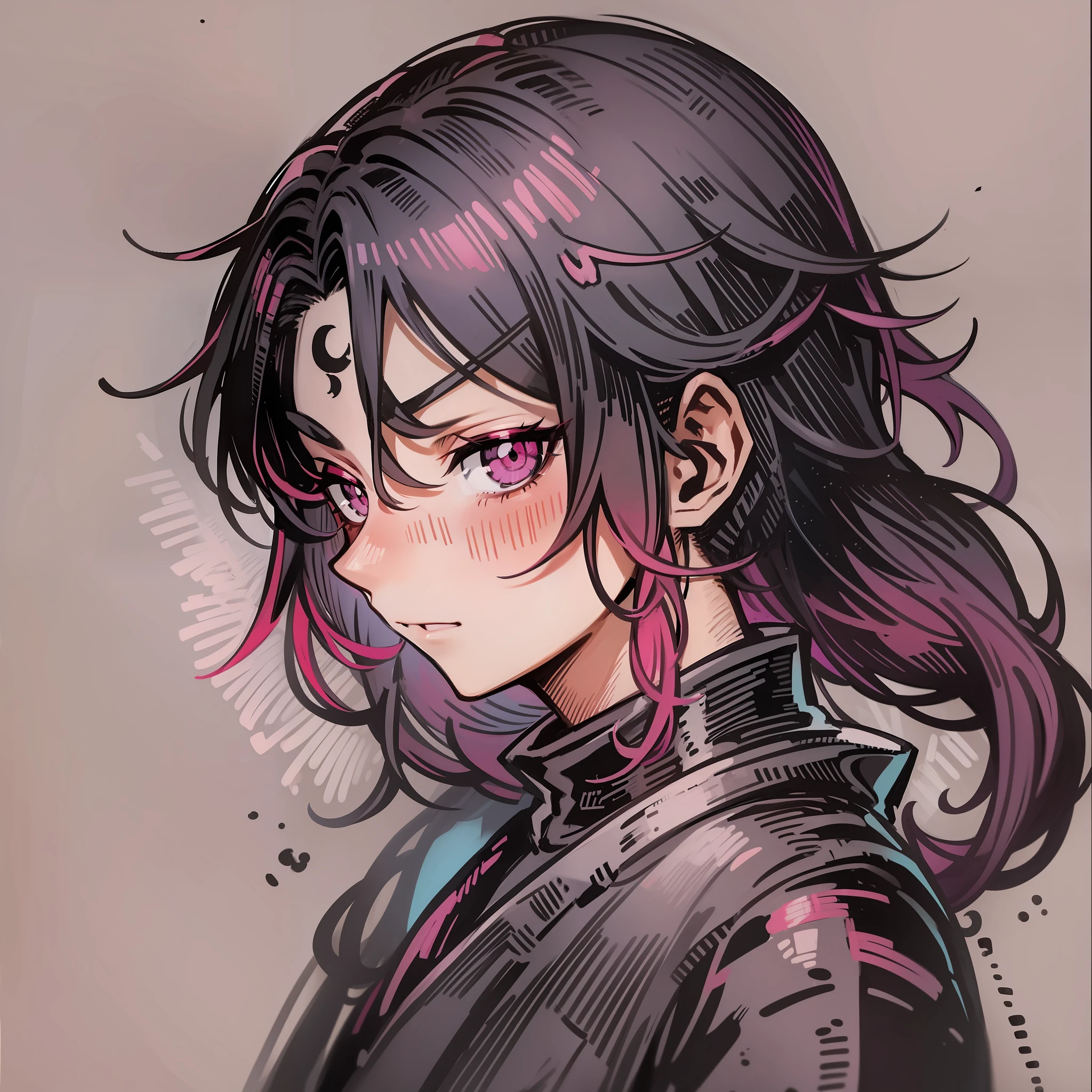 Boy anime hair pink outfit black portrait bust, cute face in art demon slayer, black bandana, gray eyes, best anime, badass anime, male, high quality anime art, anime boy, male, young man anime.