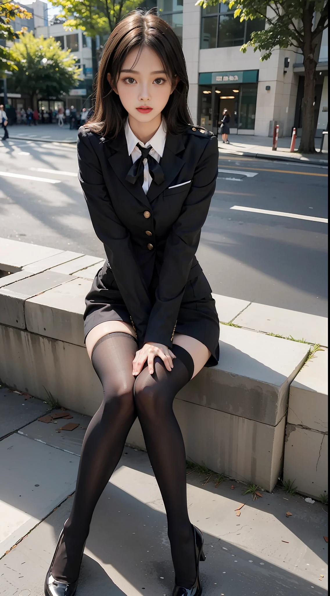 Best quality, full body portrait, delicate face, pretty face, 25 year old woman, slim figure, small bust, OL uniform, office clothes, black stockings, outdoor scene, sitting position