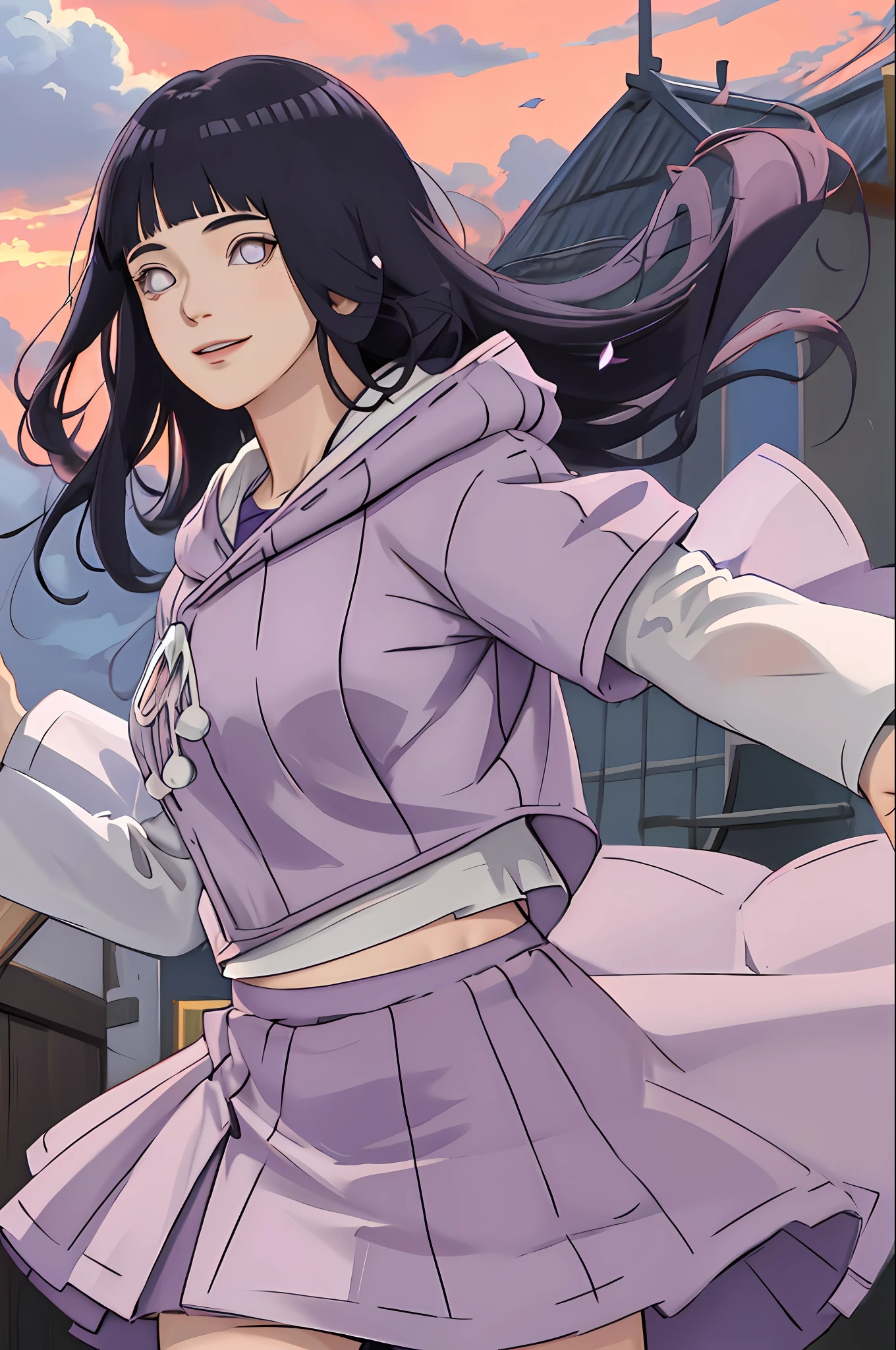 masterpiece, absurdres , (intricate details), (colorful),cinematic lighting,extremely detailed CG unity 8k wallpaper ,hinata\(boruto\), 1girl, solo, purple hoodie ,white skirt, from behind,layered sleeves, cowboy shot, looking at viewer,smile, outdoors, lavender flower field,flower, day, cloudy sky, wind, falling petals, ((long hair)), big breast, detailed lips, knee crop