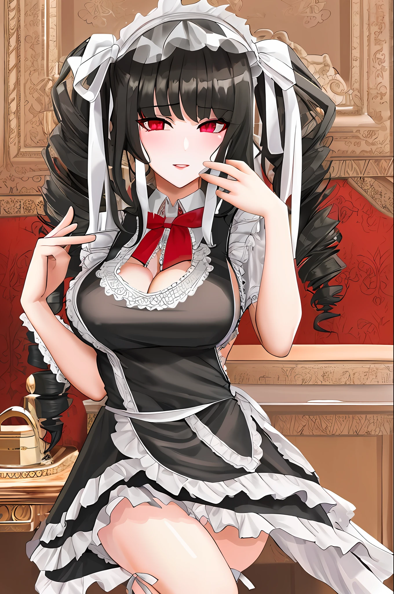 Masterpiece, absurdres,HDR,8k,best quality, ((beautifully detailed eyes and face)),
black fabric edgApron, a woman in a sexy lingerie posing for a picture ,wearing edgApron,edgMarquise, Celestia Ludenburg, has black hair in two large twin-drill pigtails, red eyes