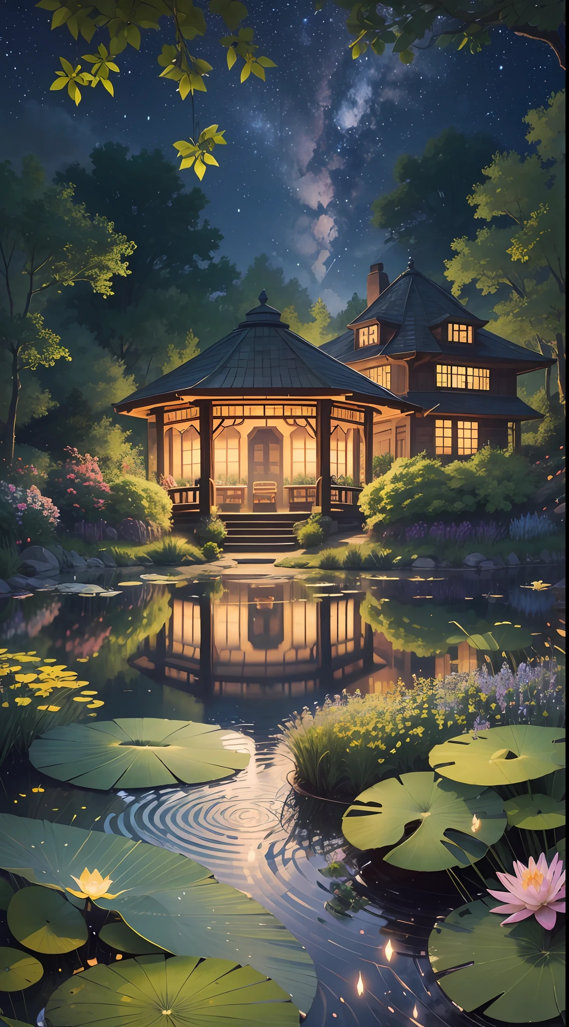 ((A masterpiece)) of ((the best quality)), featuring a serene and magical summer night, with 8K resolution and ultra-detailed elements. The scene is set at a peaceful pond surrounded by lush greenery, with a wooden gazebo standing at the edge of the water. The water is calm, reflecting the starry night sky above, with shooting stars and constellations visible in the background. Brightly glowing fireflies can be seen dancing around the scene, adding to the magical atmosphere. The gazebo is decorated with strings of lanterns, casting a warm and inviting glow across the water. In the foreground, large green lily pads float on the water's surface, with delicate pink lotus flowers in full bloom. All around, the air is alive with the sounds of nature, with the gentle chirp of crickets and the occasional splash of a fish jumping from the water. The overall effect is one of peacefulness and tranquility, a moment frozen in time on a perfect summer night. Fans of summer nights and magical realism alike are sure to appreciate the stunning visuals of this masterpiece. --auto --s2
