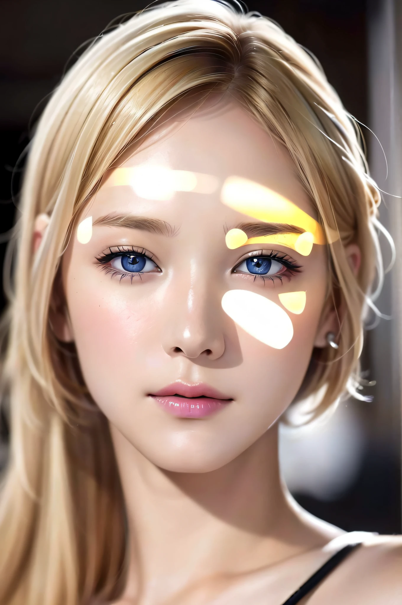 (Best Quality)), ((Super Resolution)), ((Photorealistic)), (Complex Detail), 15 years old, Blonde hair, Perfect face, Makeup: 1.5, Face lights, Facial Details, pixie_cut,