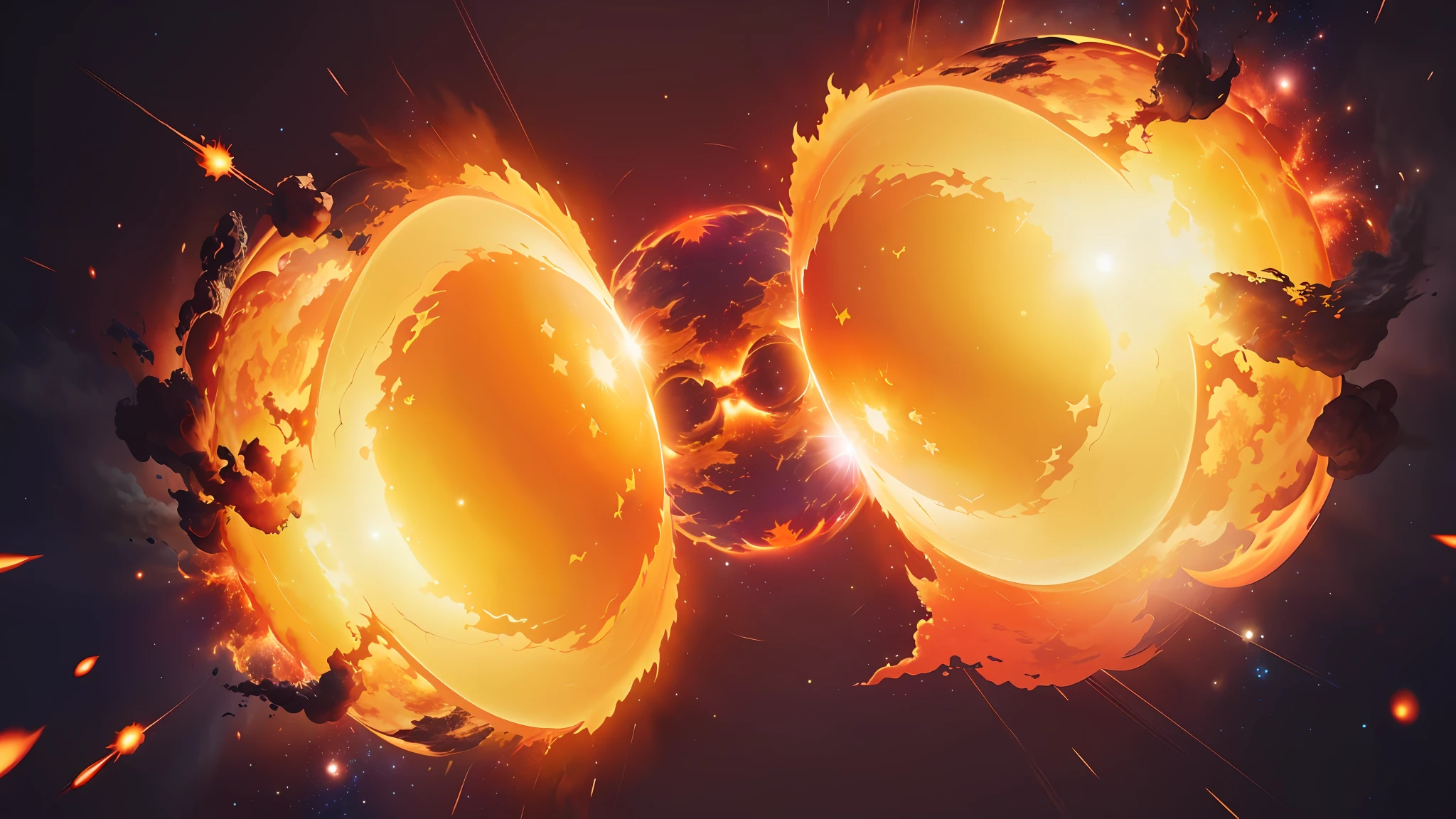 Close up of two orange fireballs on black background, two planets colliding, planetary collision, doomsday spherical explosion, glowing magma ball, exploding planet in background, explosion background, nuclear fusion, solar flare Unreal Engine, fireball, nuclear explosion background, collapsed stars and supernova, hellfire background, surreal nuclear food explosion, background, no characters, battle, planet, universe, disaster, star, sun, sun cut in half, everything in two, horror scene, sun cut in half, bursting planet --auto --s2