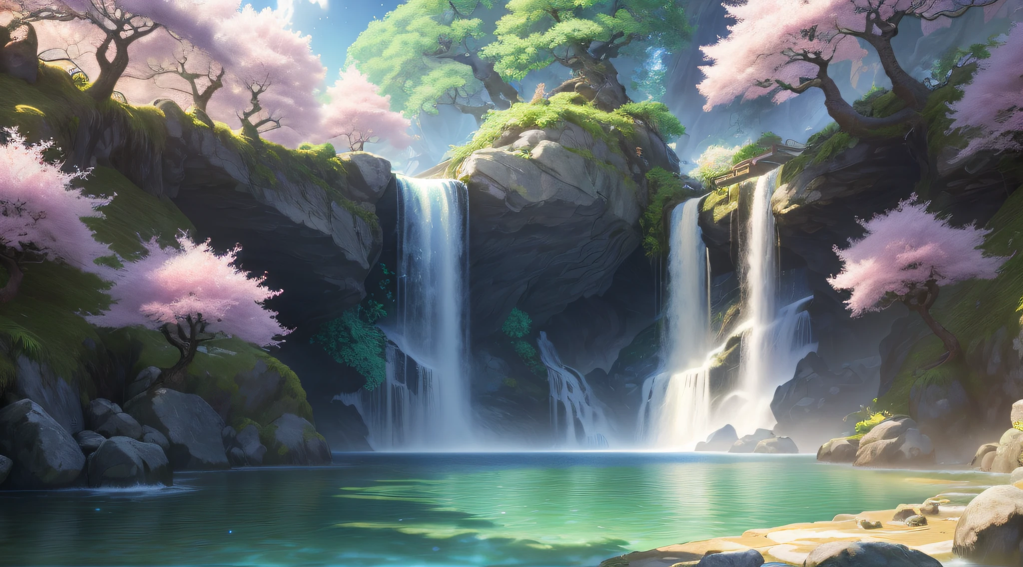 Masterpiece, best quality, (very detailed CG unified 8k wallpaper) (best quality), (best illustration), (best shadow) Vivid colors, jungle, water, natural beauty, oasis of tranquility, cherry blossom trees, blue sky Ray tracing, super detailed , ancient porcelain, jade, starry sky, --v6
