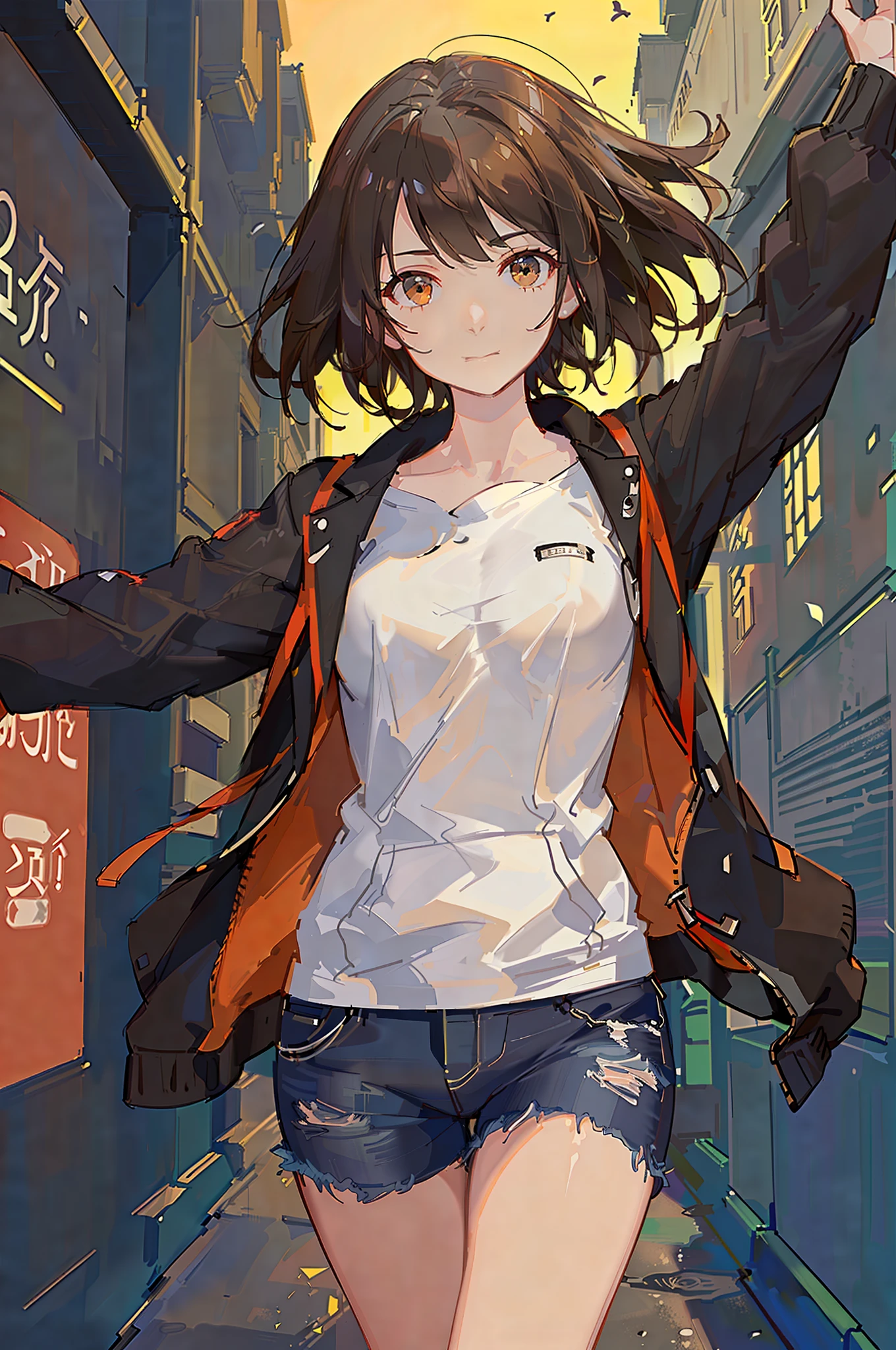 (extremely detailed CG unity 8k wallpaper,masterpiece, best quality, ultra-detailed),(best illumination, best shadow, an extremely delicate and beautiful),floating,high saturation, rule of thirds, perspective, (1girl),((brown short hair):(brown hair:1.3)|(black hair:0.8)),orange bright eyes, white inner t-shirt, shorts jeans, (black hoodie jacket with long orange hint), ((cyberpunk city at night, futuristic, night city)), ((dark alley))