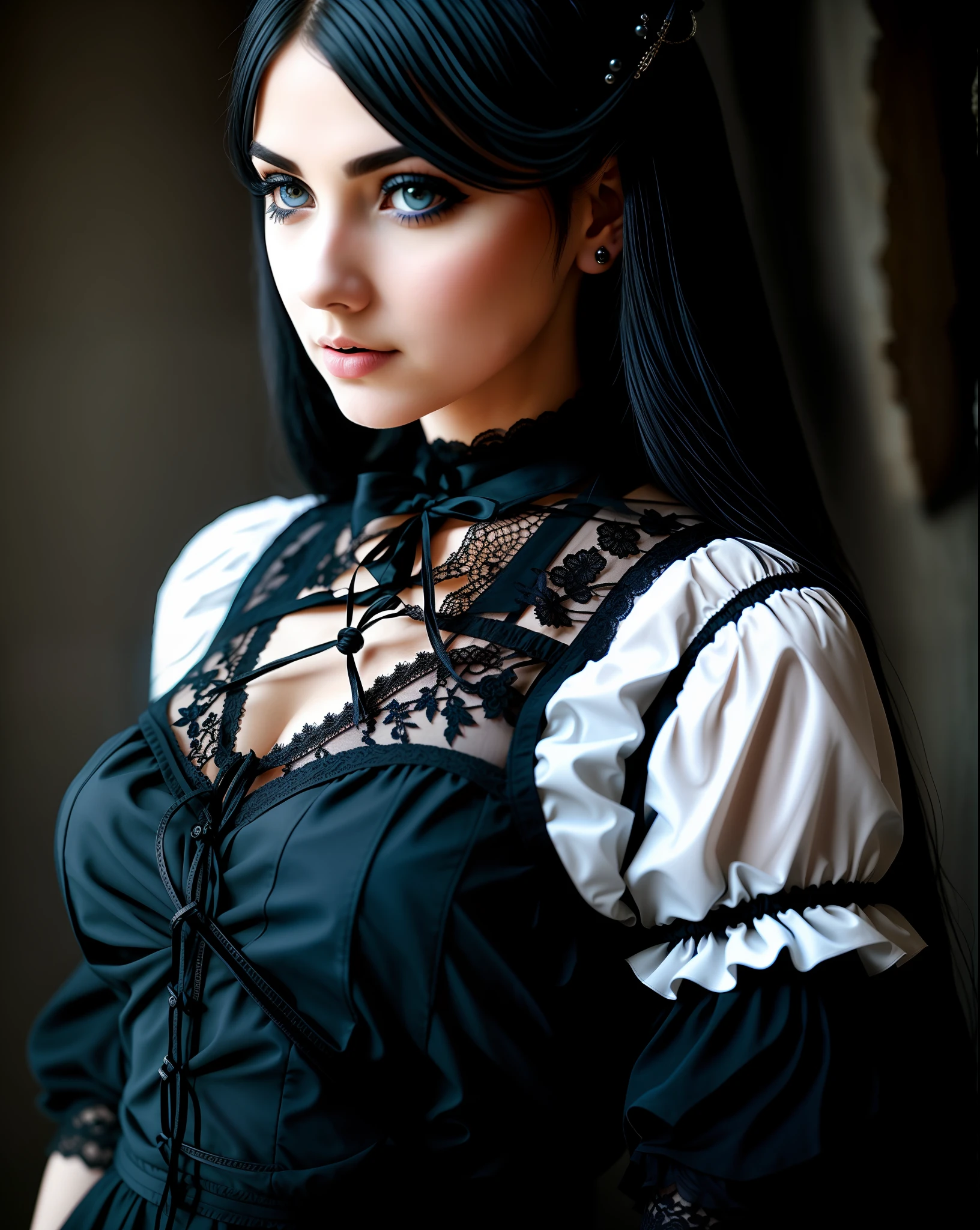 Attractive goth girl, Gothic aesthetic wearing white lace blouse, dark blue, mist, fog, shadows, lighting effects, mysterious appearance, high contrast, stone cave walls in background, detailed face, ultra detail, hyperrealism,