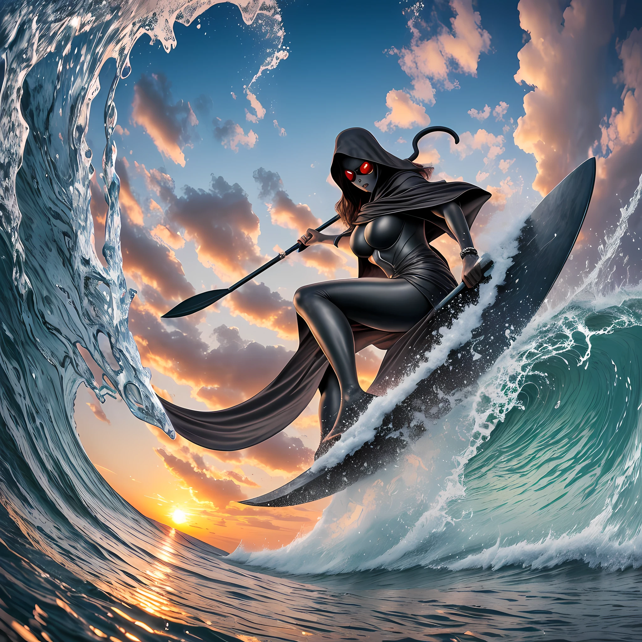 a powerful HUMOURS image of the FEMALE Grim Reaper surfing a menacing black surfboard along the waves of the Hawaiian shoreline, harvesting the souls of the dead with a scythe and an emotionless expression on their face, surrounded by a stunning sunset and a tropical paradise with exotic wildlife. The souls of the deceased express a range of emotions from sorrow to acceptance as they are taken away by the Grim Reaper. --auto --s2