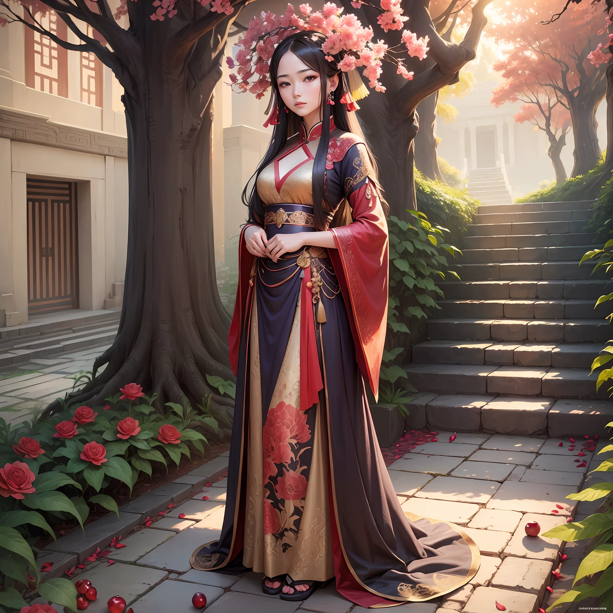 A beautiful girl in ancient China, mysterious temperament, gorgeous long dress, huge pomegranate tree, pomegranate flowers, standing under the tree, sunlight, clear face, masterpiece, super detailed, epic composition, high quality, highest quality , 4k --auto --v 6 --s2