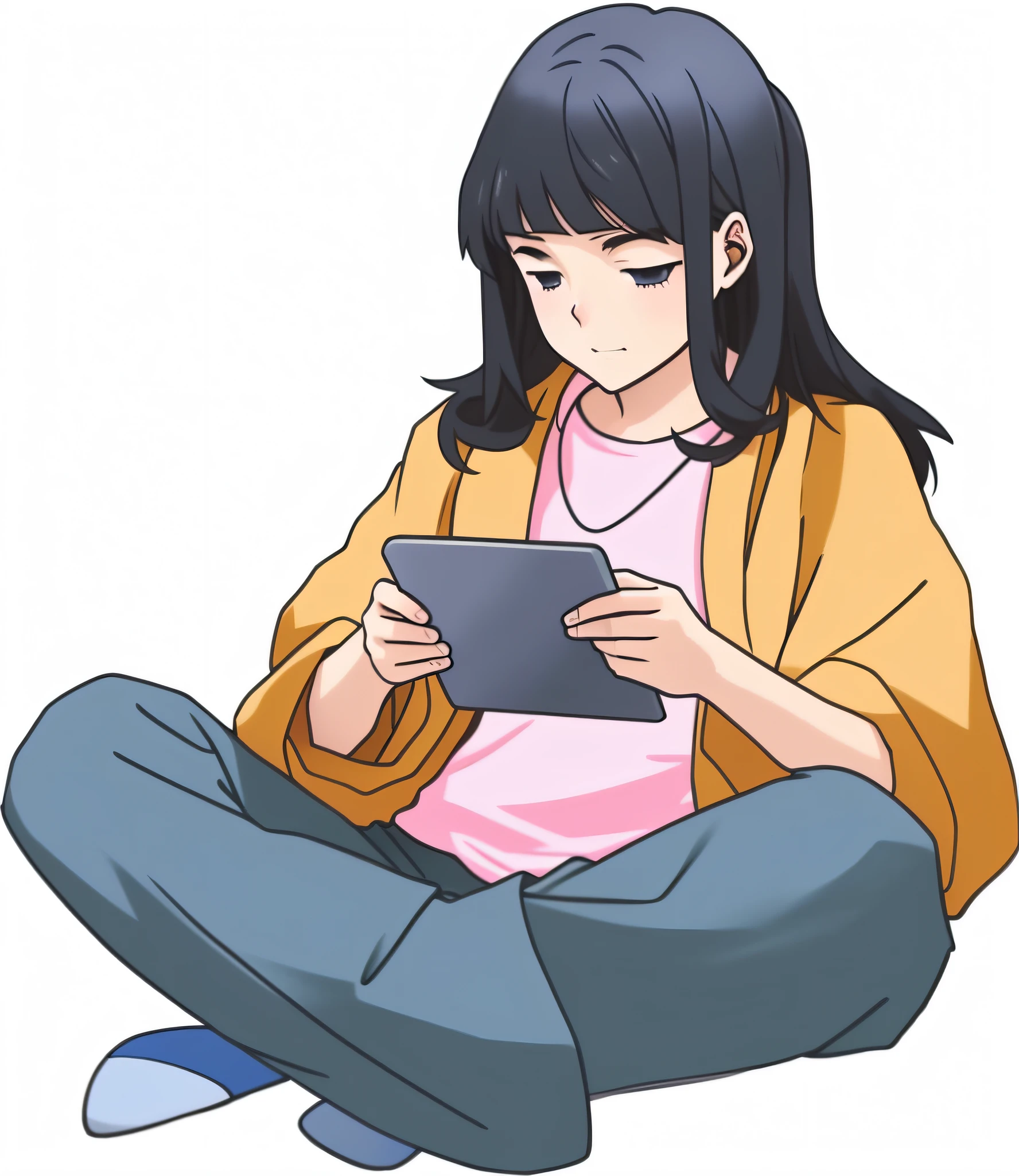 Man sitting on ground using tablet, Hinata Hinata, Iwakura Lane, drawing image, digital manga, digital anime illustration, digital drawing, anime girl, Bakemonogatari, playing games, low resolution, technical art, using magic tablet, digital comic art, drawing digitally on Wacom tablet