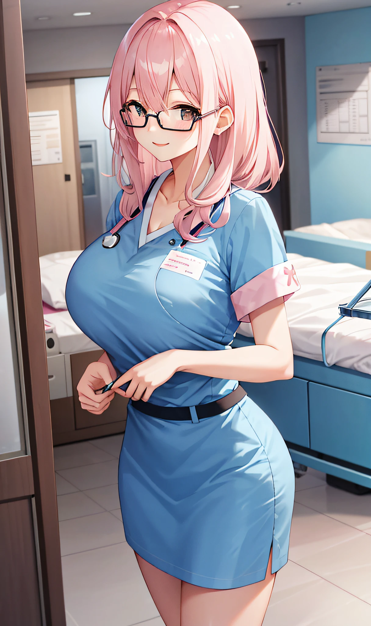 (1girl), light pink hair, open-chest seduction, female nurse, bangs, big breasts, glasses lady, (full), slim, smile, [wide buttocks], hospital, standing, aru \ (blue file), 8K picture quality, big beauty