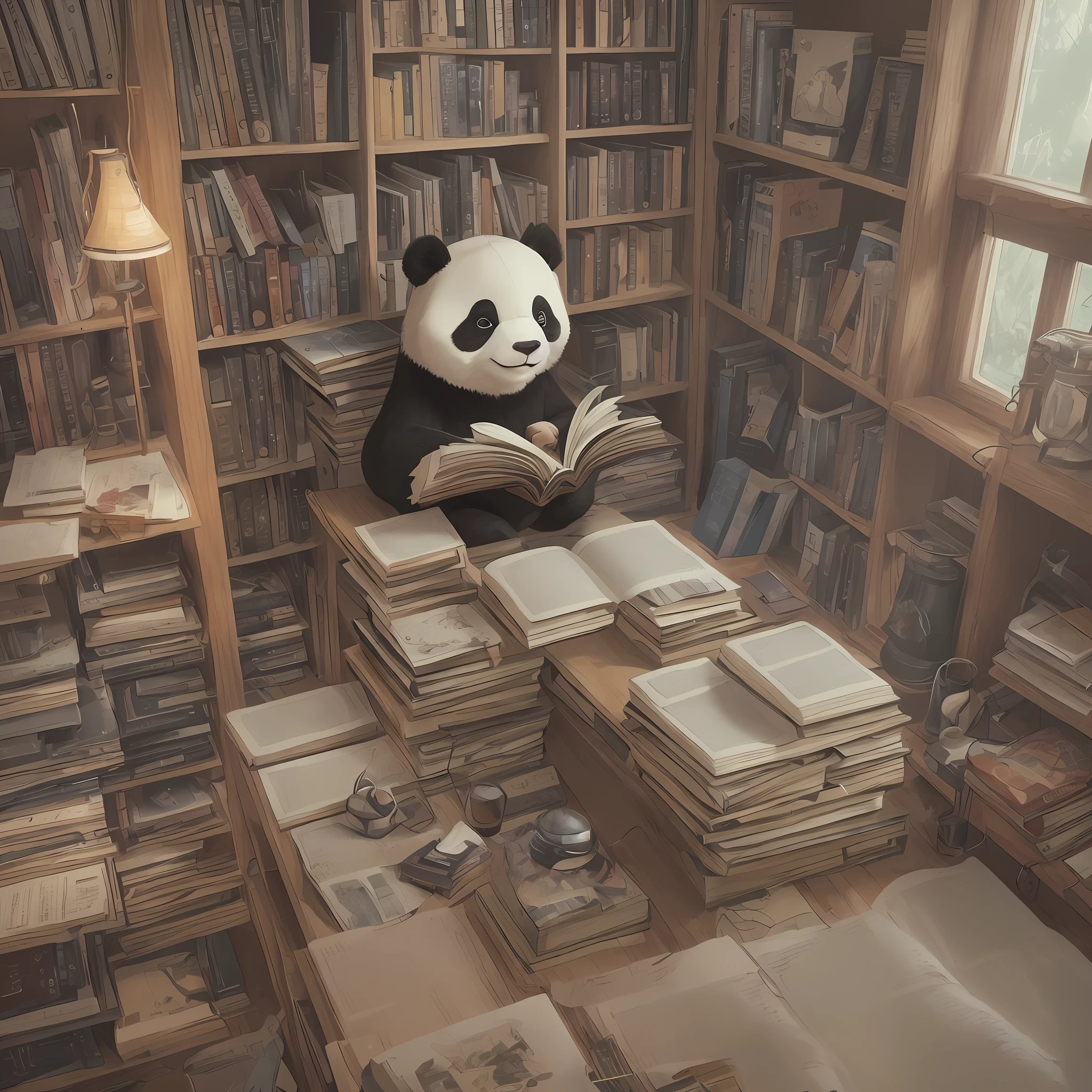 A Panda Immersed in a Book, Unreal Engine, cozy interior lighting, art stations, detailed digital painting, film, character design by Mark Redden and Pixar and Hayao Miyazaki, Unreal 5, daz, surrealism, octane rendering, 3DMDT1