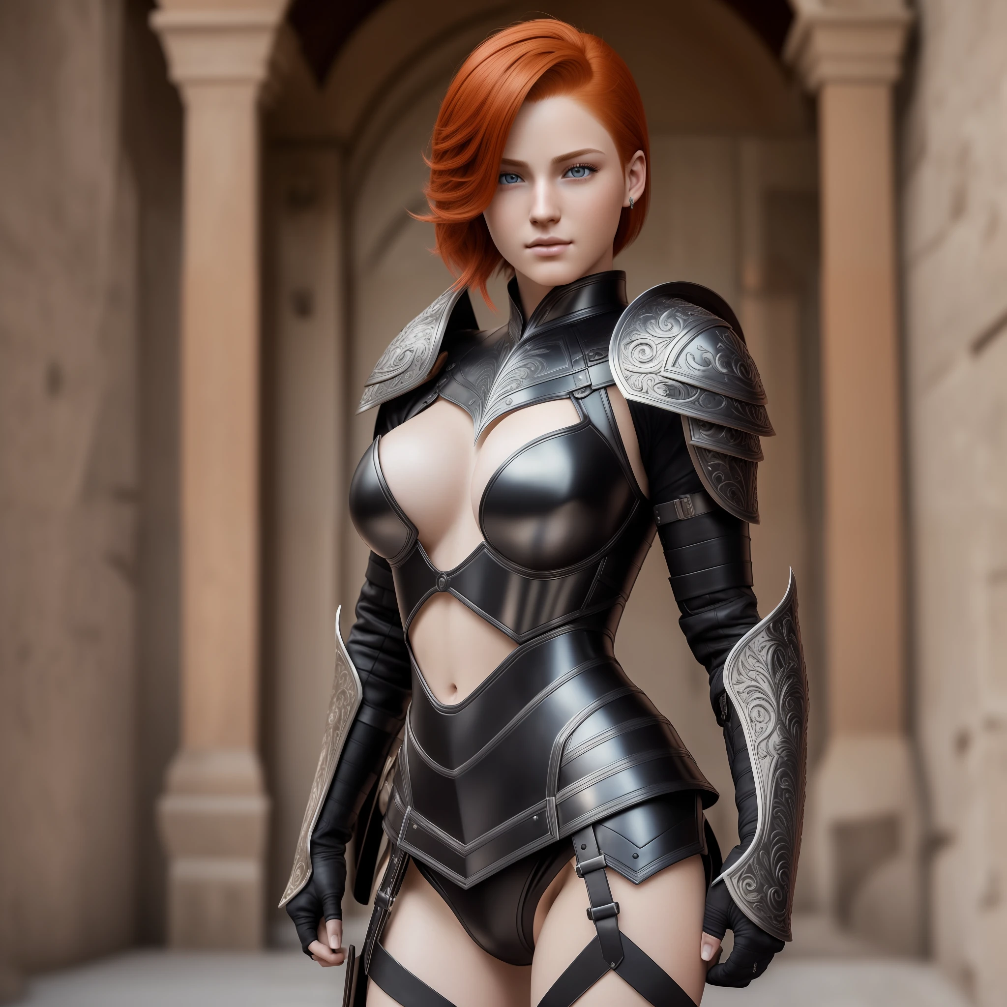 ((best quality)), ((ultra res)), ((photorealistic)), (intricate details), 19 years old, red hair, perfect face, makeup:1.5, light on face, face detail, NAKED, short hair, detailed black leather armor, breasts and buttocks on display, full body, looking forward --auto --s2