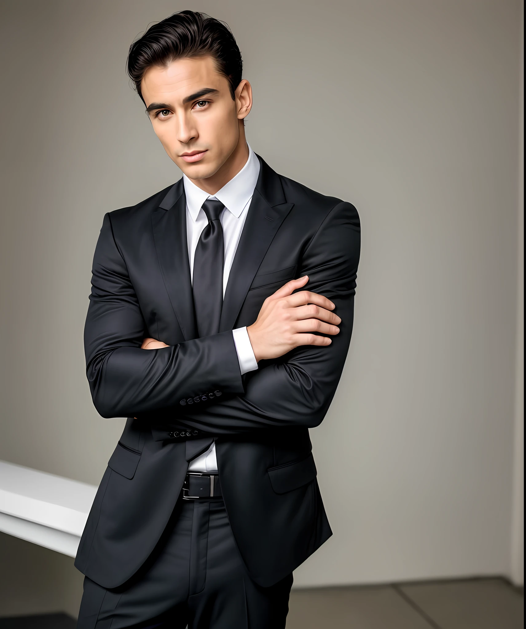 ((half body)) Photo RAW Ceo Man in Movie 007), wearing black suit, doing model pose, movie scene, (Impeccable), tanned and healed body, Serious and elegant man, Actor with male eyebrows, secret agent 007 man style, (with mysterious and serious face,) short dark hair, elegant and elegant, body fit and strong fit in suit, Man similar to that of example photo, ( high quality and realistic image), ((Best Quality, 8k, Masterpiece).